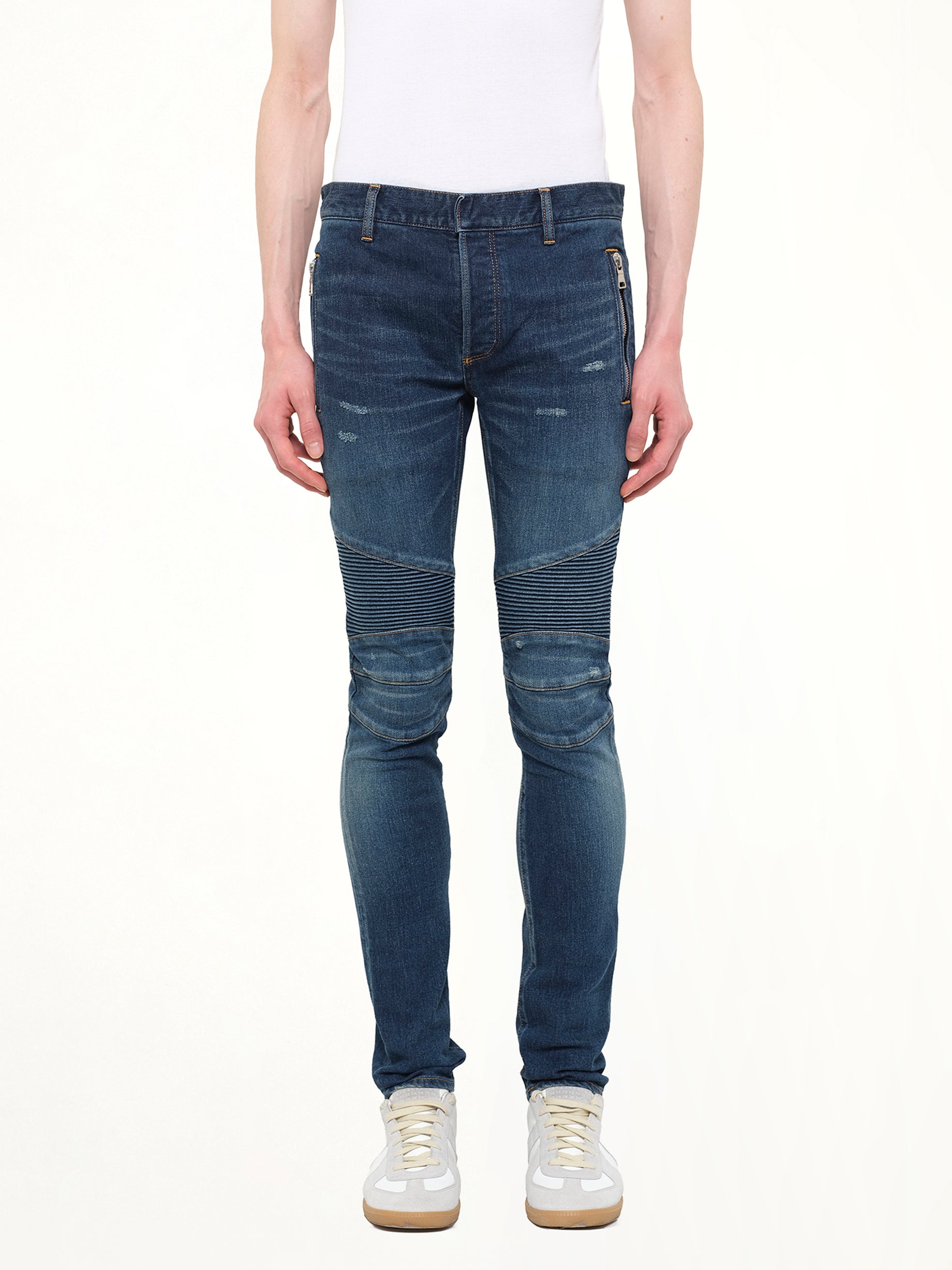 Image of Jeans. Product name - Distressed Camo Jeans in Blue colour by brand - BALMAIN