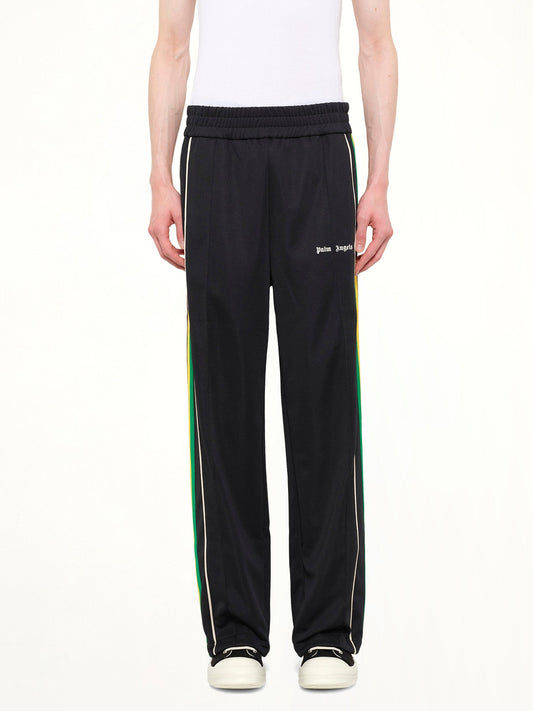 Image of a model wearing Pants. Product name - J Classic Logo Vint Track Pants in Black colour by brand - PALM ANGELS