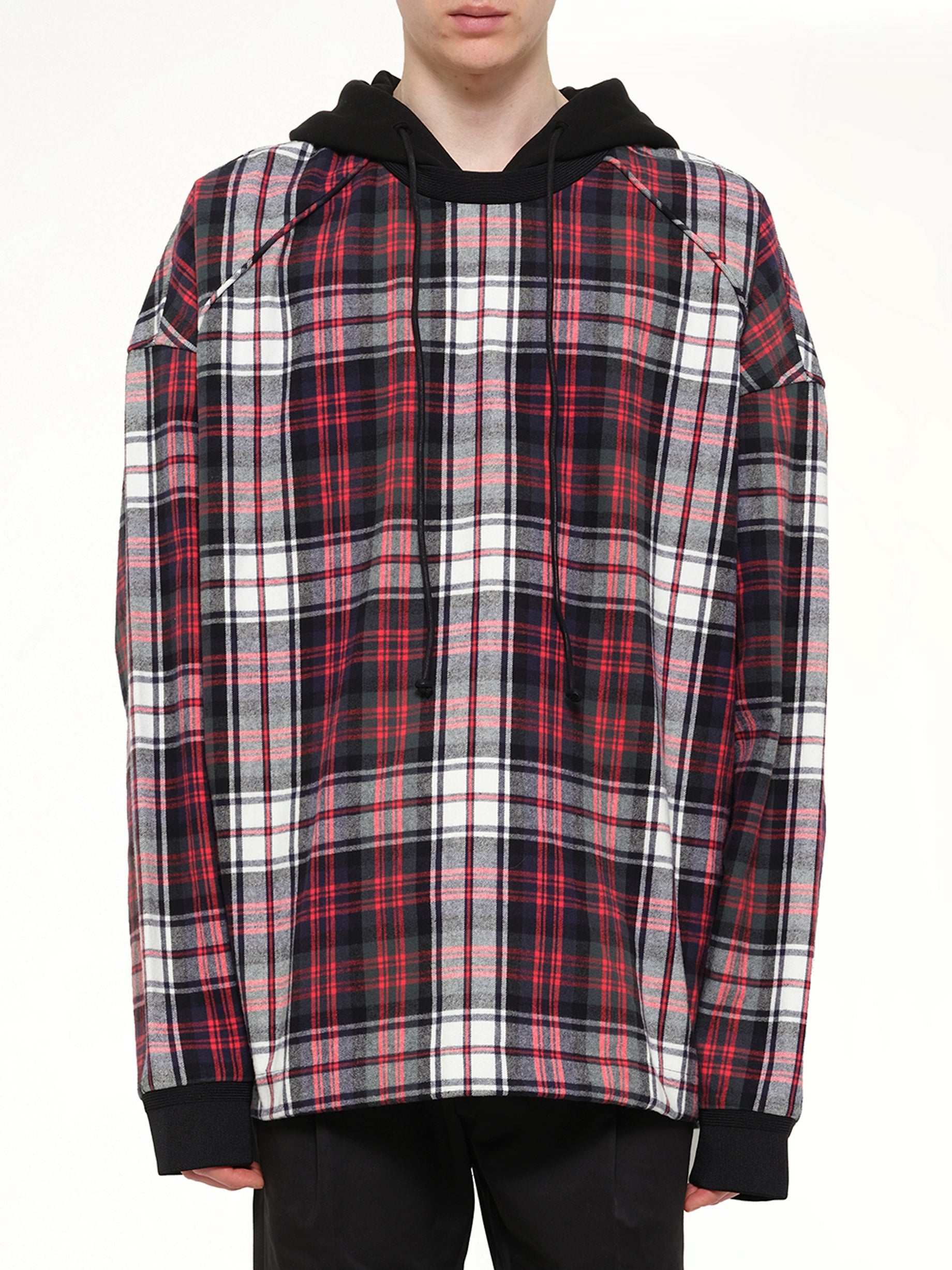 Image of a model wearing Outerwear. Product name - Plaid Hoodie in Green colour by brand - JUUNJ