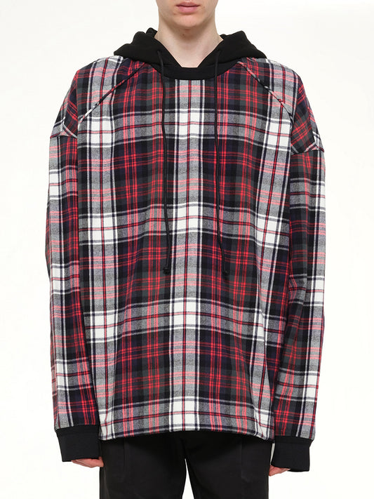 Image of a model wearing Outerwear. Product name - Plaid Hoodie in Green colour by brand - JUUNJ