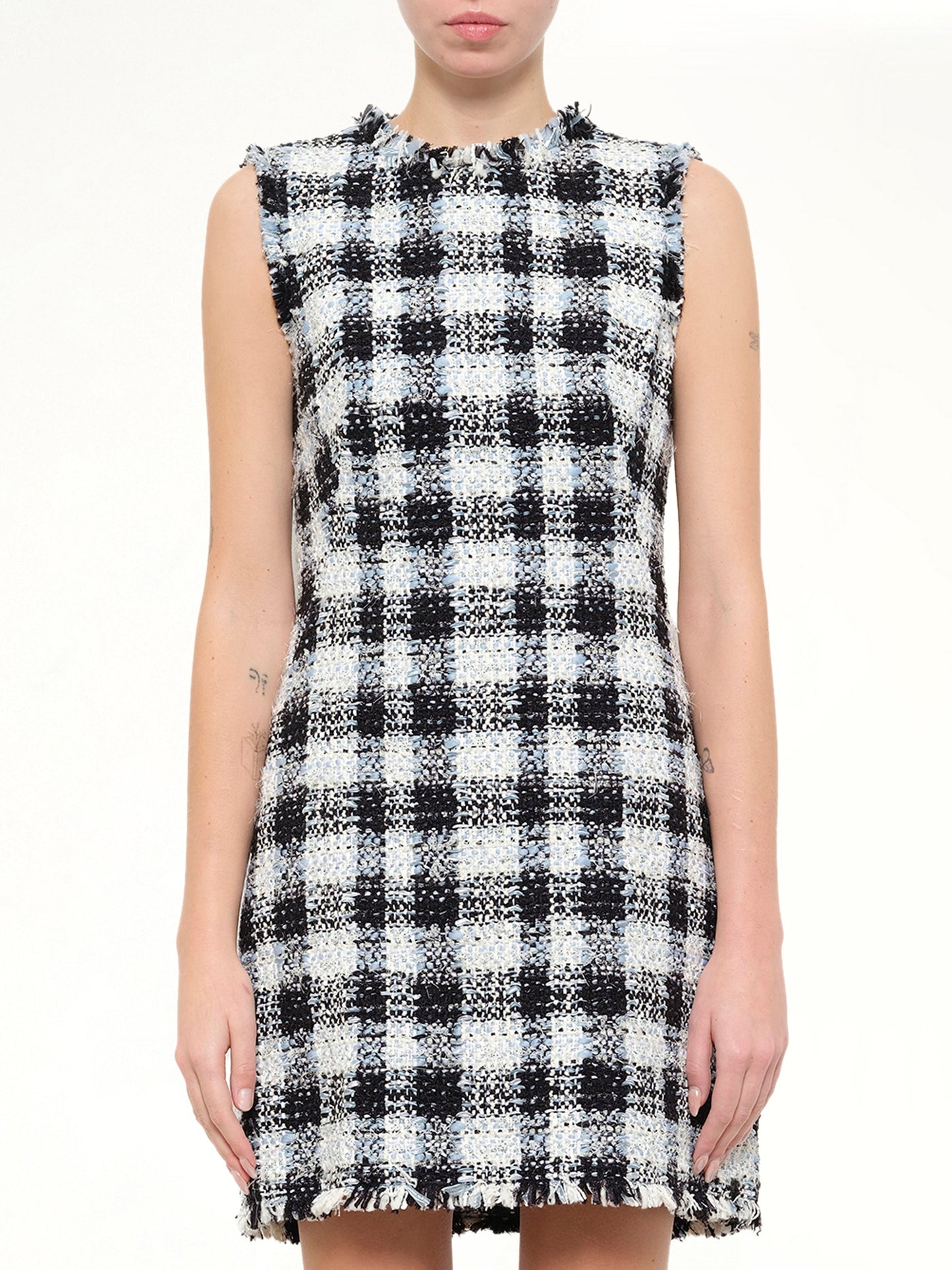 Image of Dresses. Product name - Alexander McQueen Checkered Tweed Dress in Blue colour by brand - ALEXANDER MCQUEEN