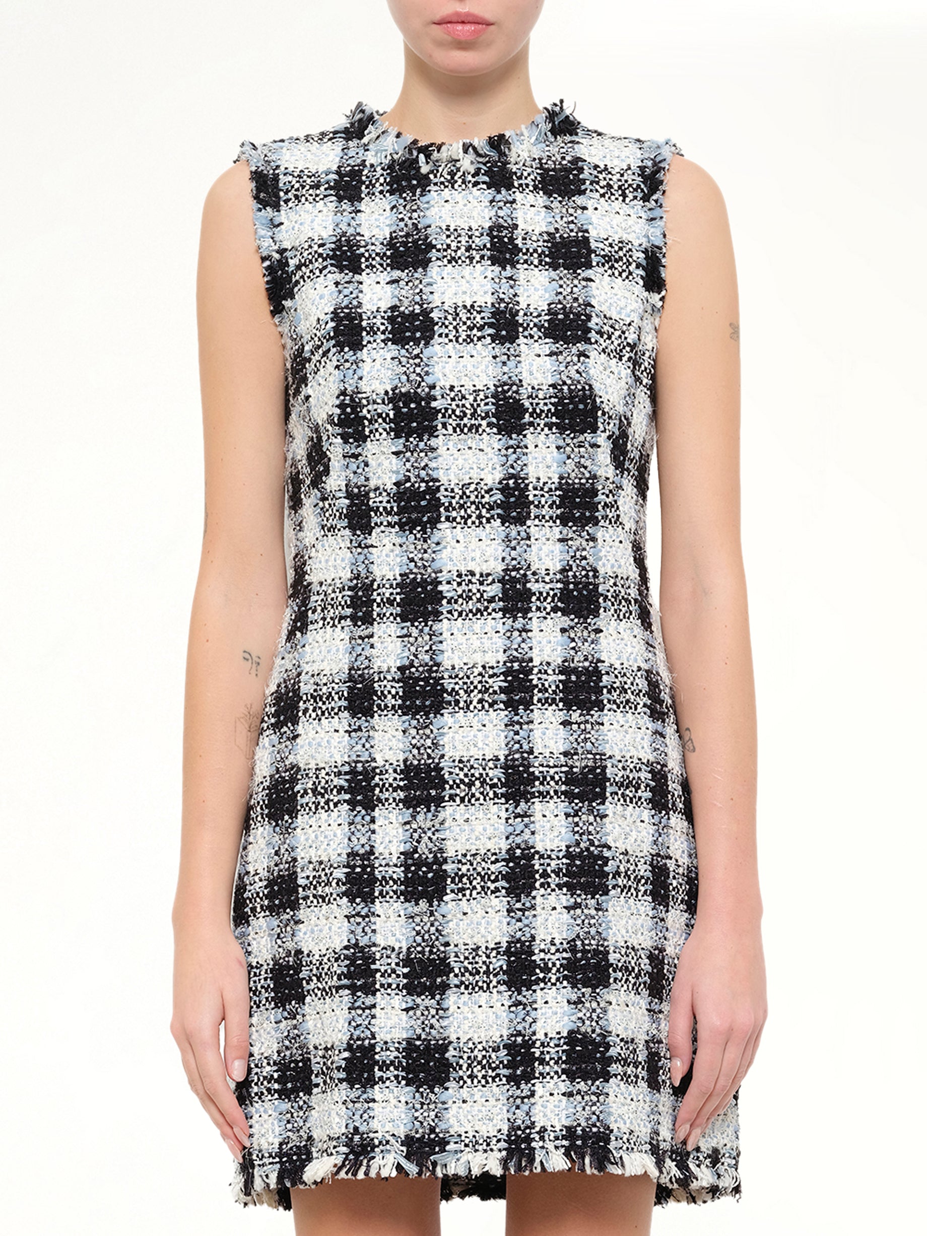 Image of Dresses. Product name - Alexander McQueen Checkered Tweed Dress in Blue colour by brand - ALEXANDER MCQUEEN