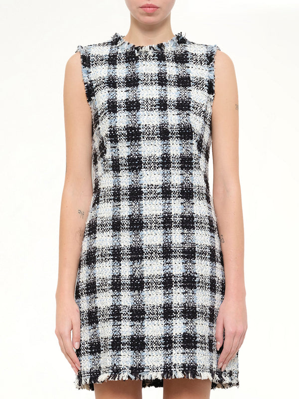 Image of Dresses. Product name - Alexander McQueen Checkered Tweed Dress in Blue colour by brand - ALEXANDER MCQUEEN