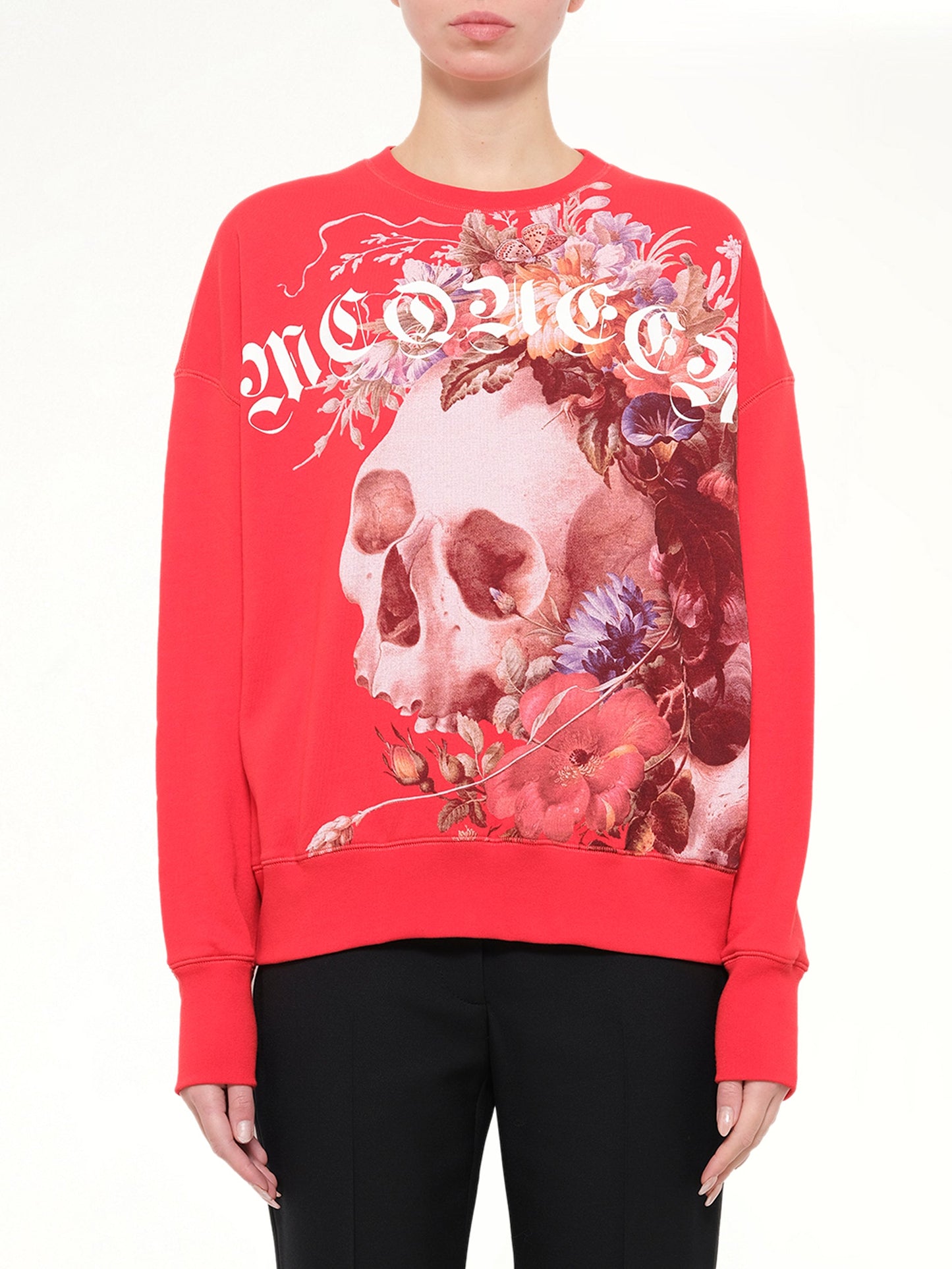 Image of a model wearing Outerwear. Product name - Alexander McQueen Dutch Masters Sweatshirt in Red colour by brand - ALEXANDER MCQUEEN