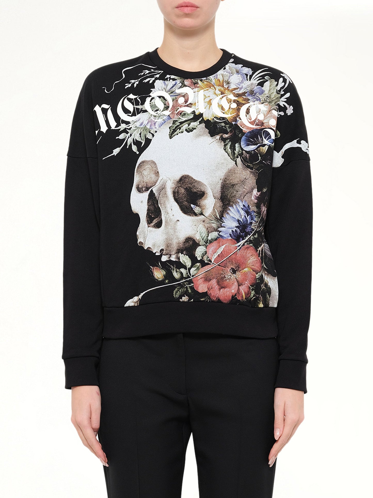 Image of a model wearing Outerwear. Product name - Alexander McQueen Dutch Masters Sweatshirt in Black colour by brand - ALEXANDER MCQUEEN