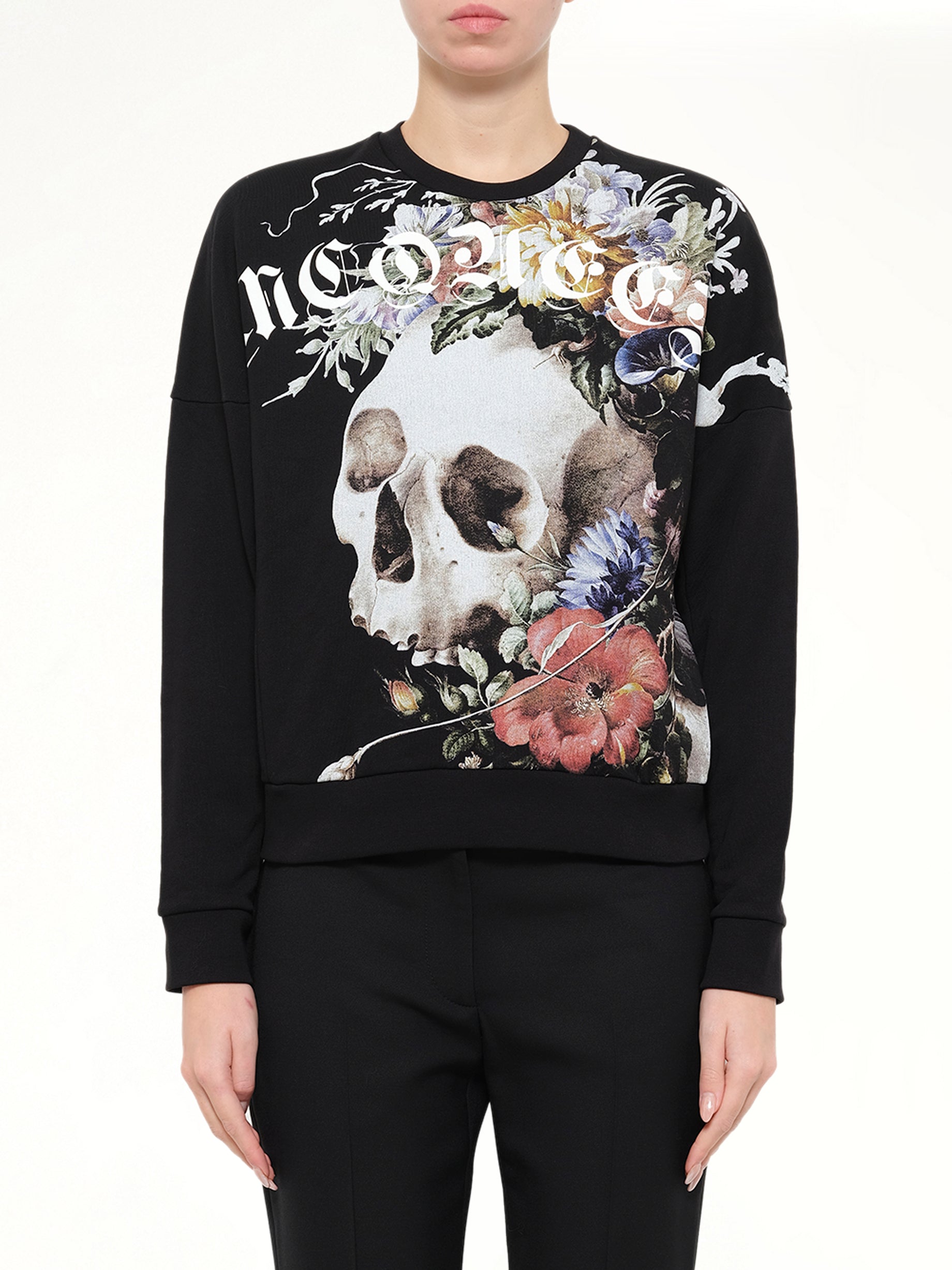 Image of a model wearing Outerwear. Product name - Alexander McQueen Dutch Masters Sweatshirt in Black colour by brand - ALEXANDER MCQUEEN