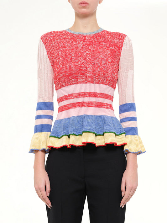 Image of a model wearing Outerwear. Product name - Alexander McQueen Crew Neck Sweater in 8520 colour by brand - ALEXANDER MCQUEEN
