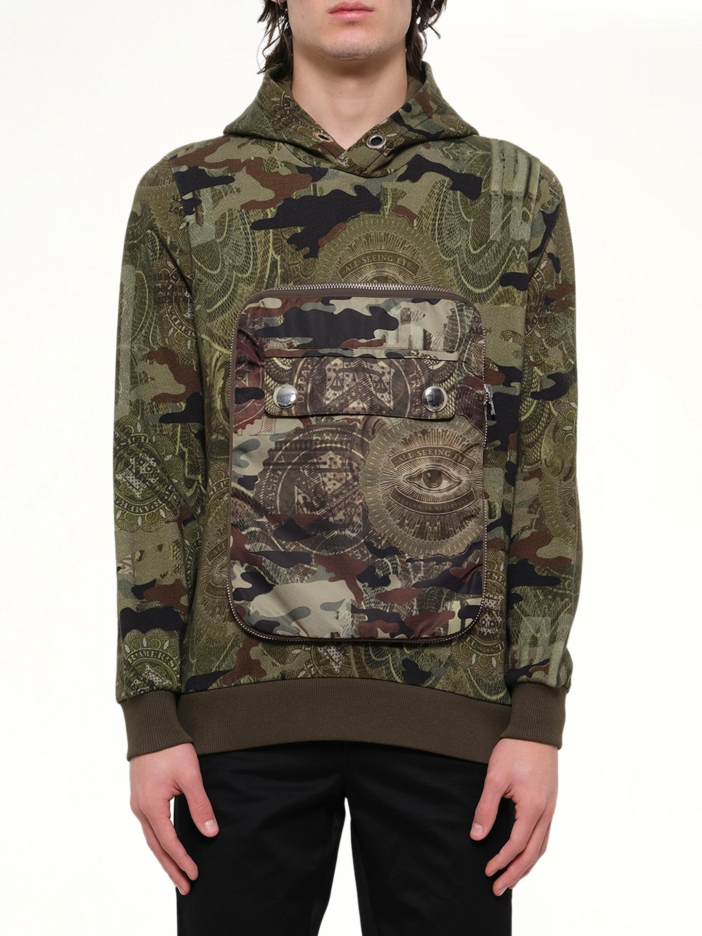 Image of a model wearing Outerwear. Product name - Givenchy Podium Dollar Hoodie in Khaki colour by brand - GIVENCHY