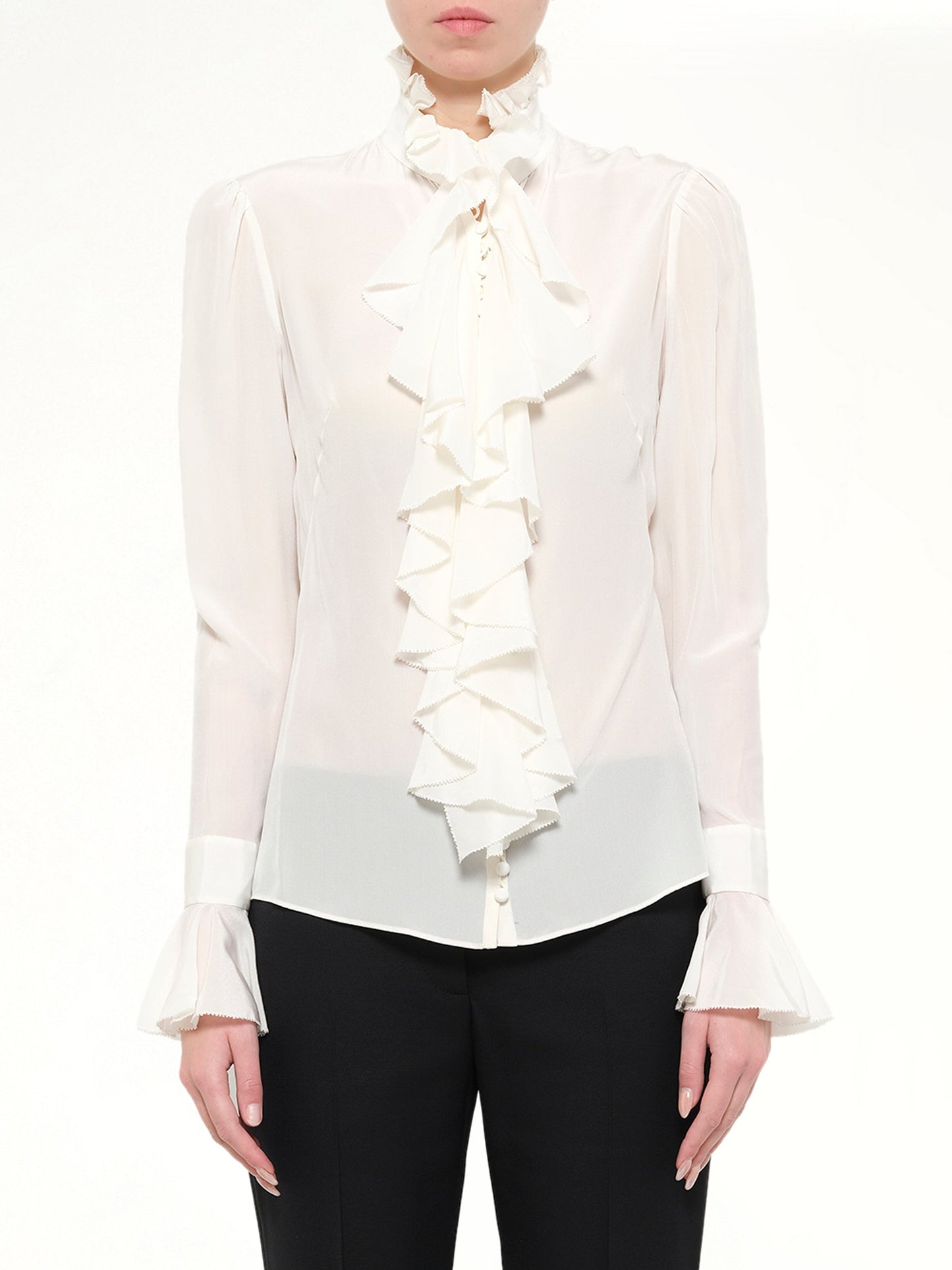Image of Blouses. Product name - Long Sleeve Ruffle Shirt in White colour by brand - ALEXANDER MCQUEEN