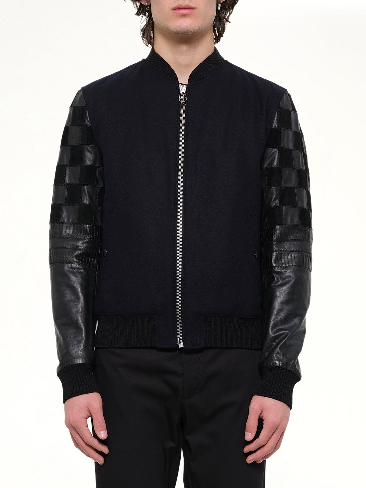 Image of Coats & Jackets. Product name - Patchwork Bomber Jacket in Navy colour by brand - LANVIN