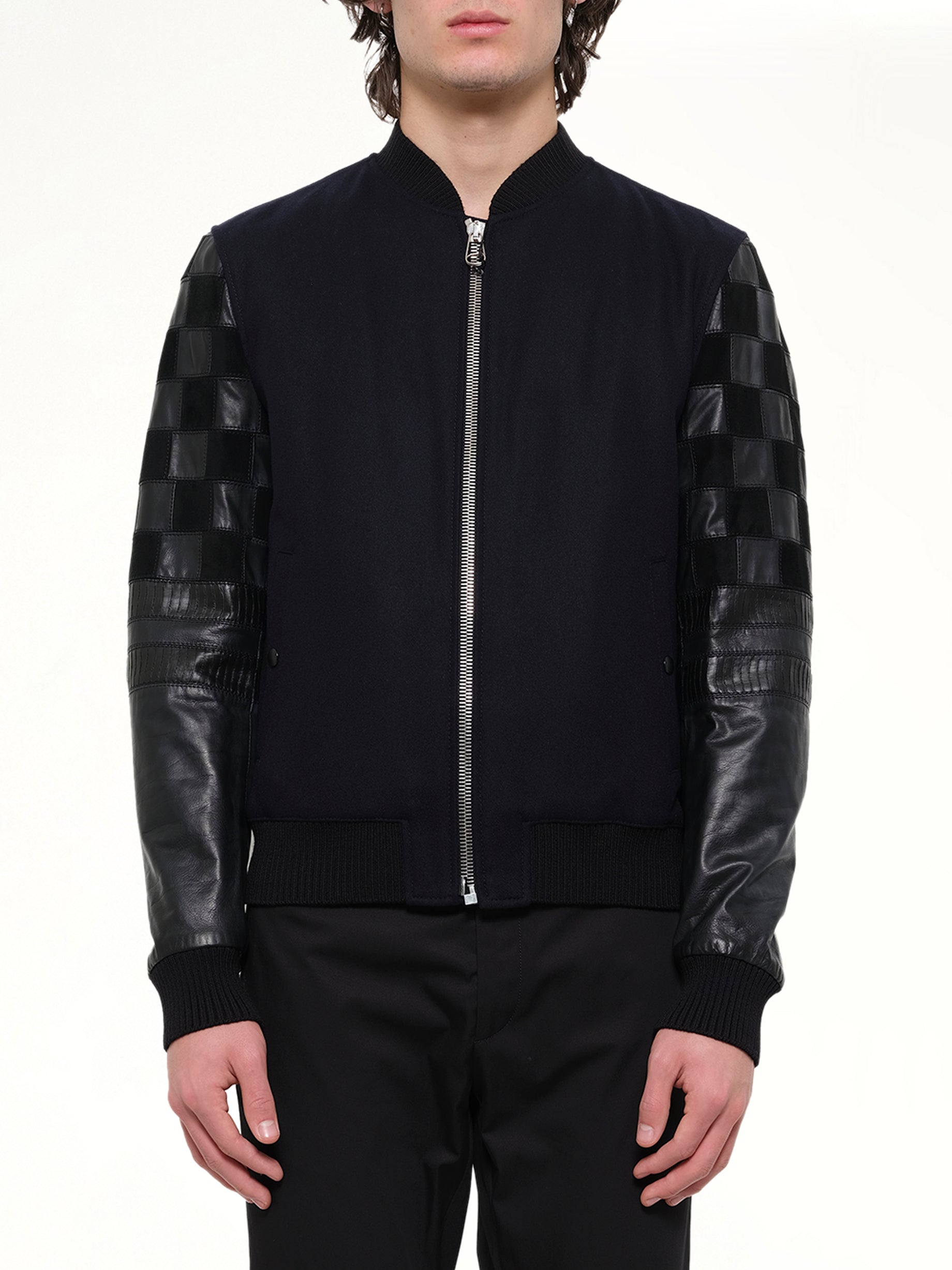 Image of Coats & Jackets. Product name - Patchwork Bomber Jacket in Navy colour by brand - LANVIN