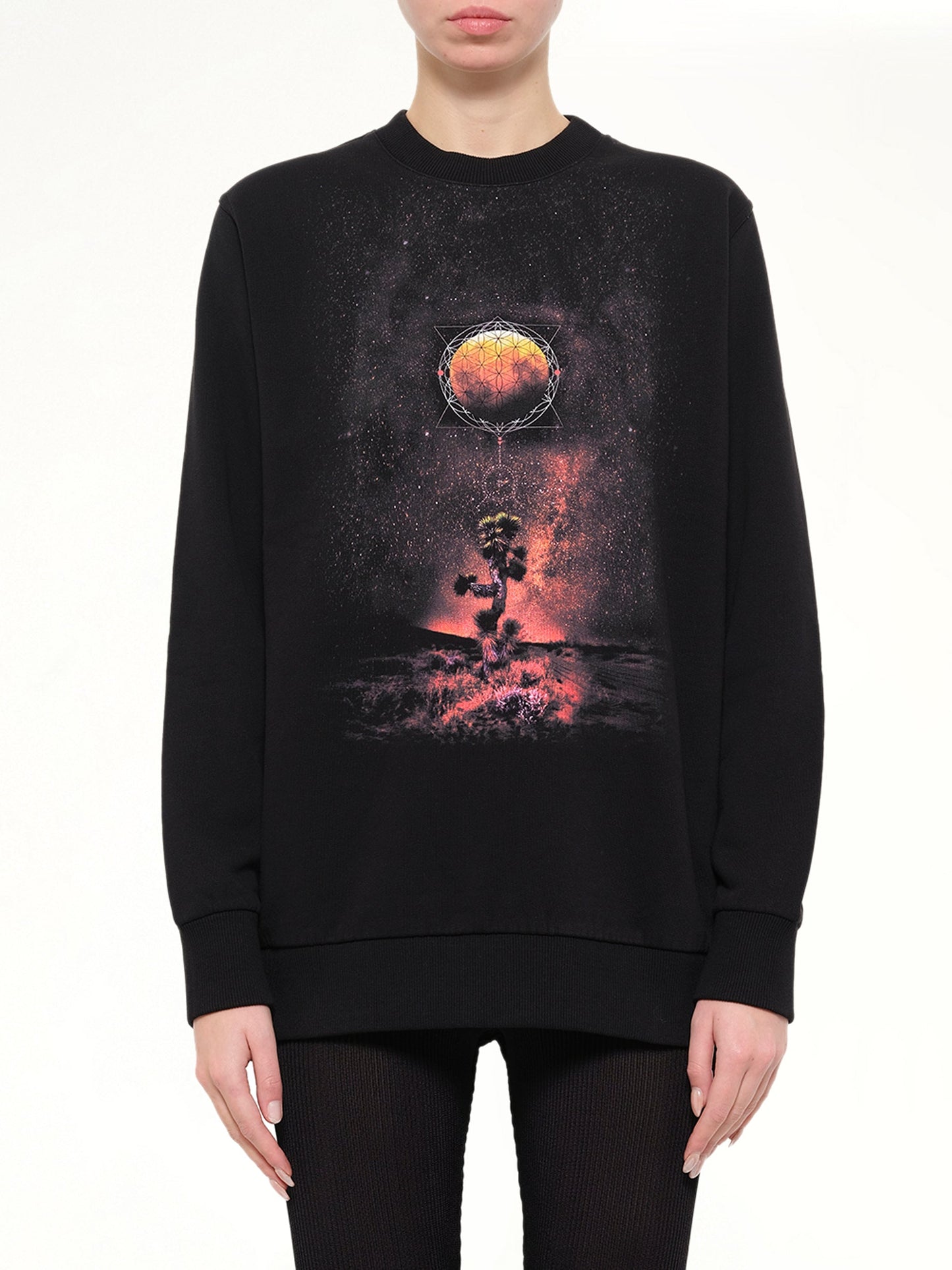 Image of a model wearing Outerwear. Product name - Podium Graphic Sweatshirt in Black colour by brand - GIVENCHY
