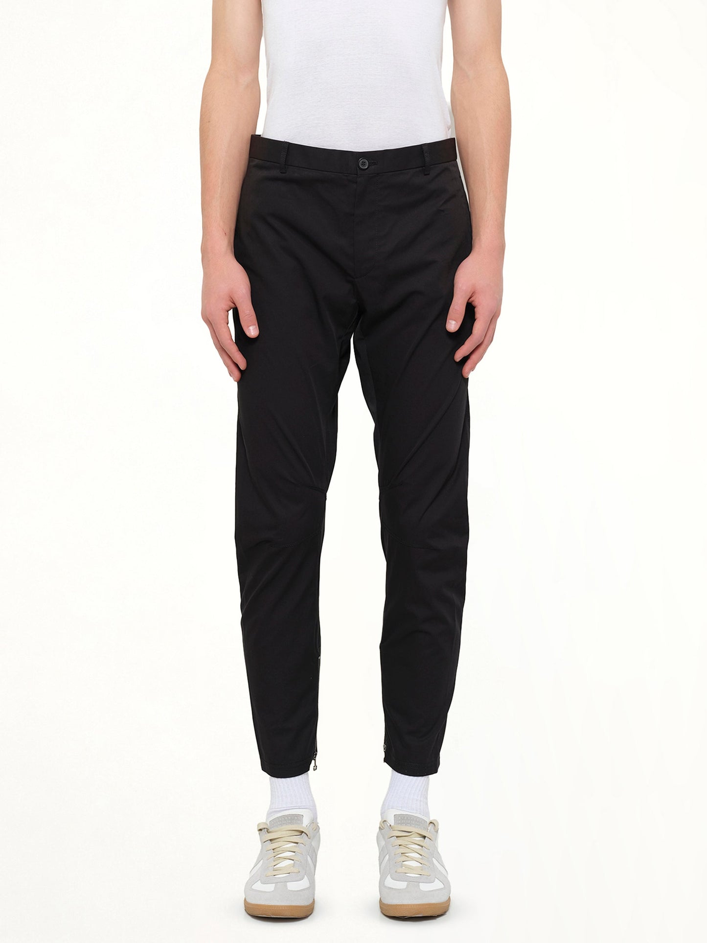 Image of a model wearing Pants. Product name - Cut Biker Pants in Black colour by brand - LANVIN