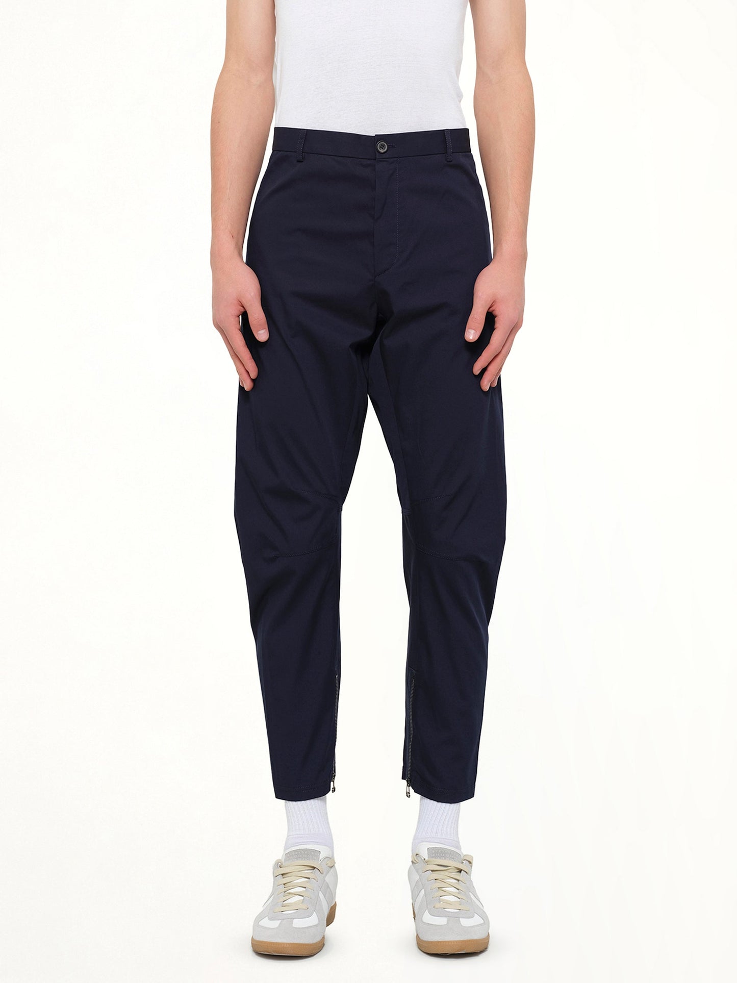 Image of a model wearing Pants. Product name - Cut Biker Pants in Blue colour by brand - LANVIN