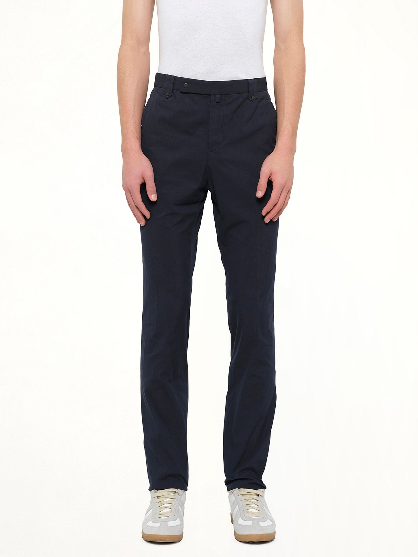 Image of a model wearing Pants. Product name - Slim Pant Worker in Navy colour by brand - LANVIN