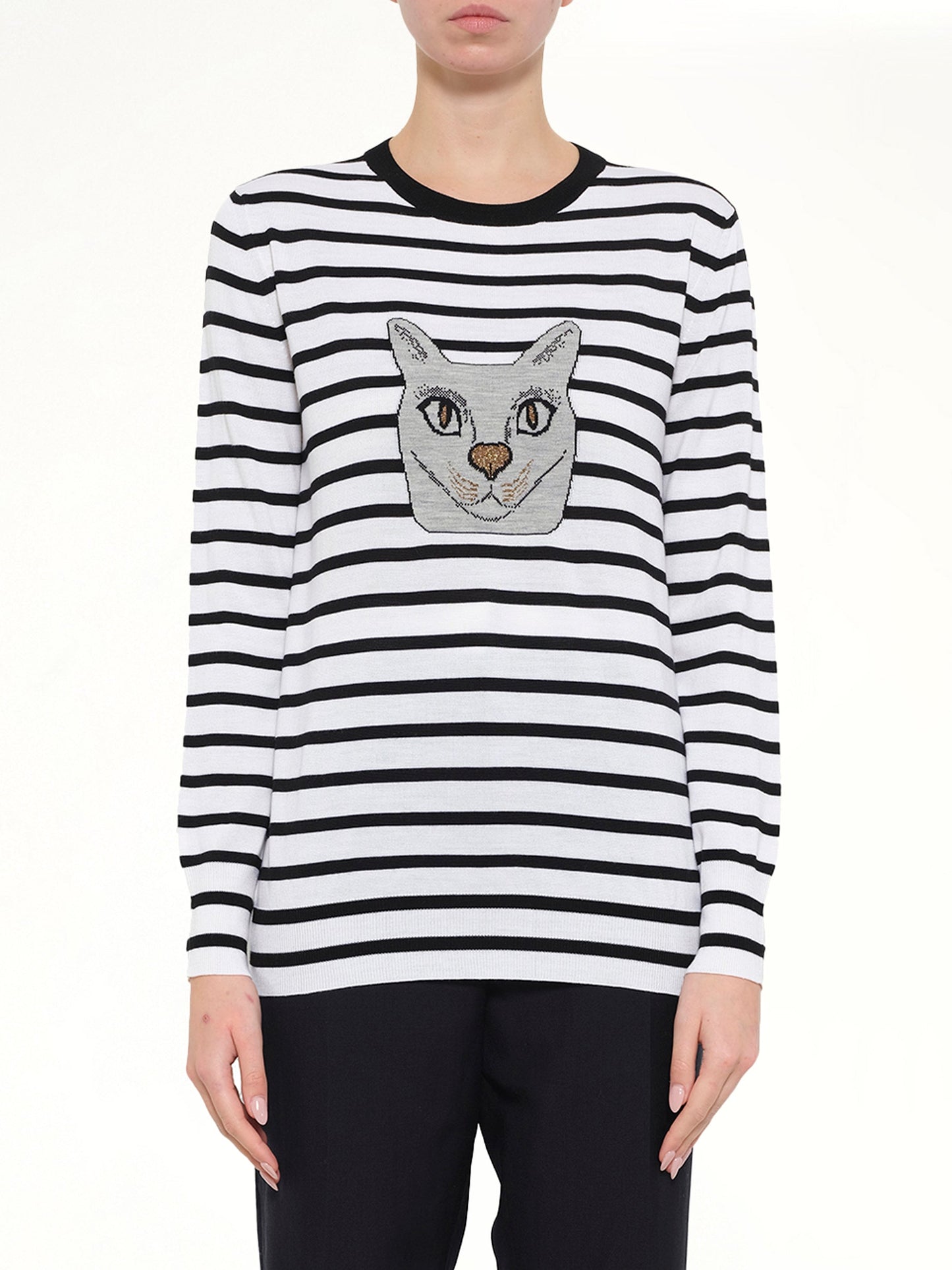 Image of a model wearing Outerwear. Product name - Cat Sweater Stripes in Black colour by brand - LOEWE