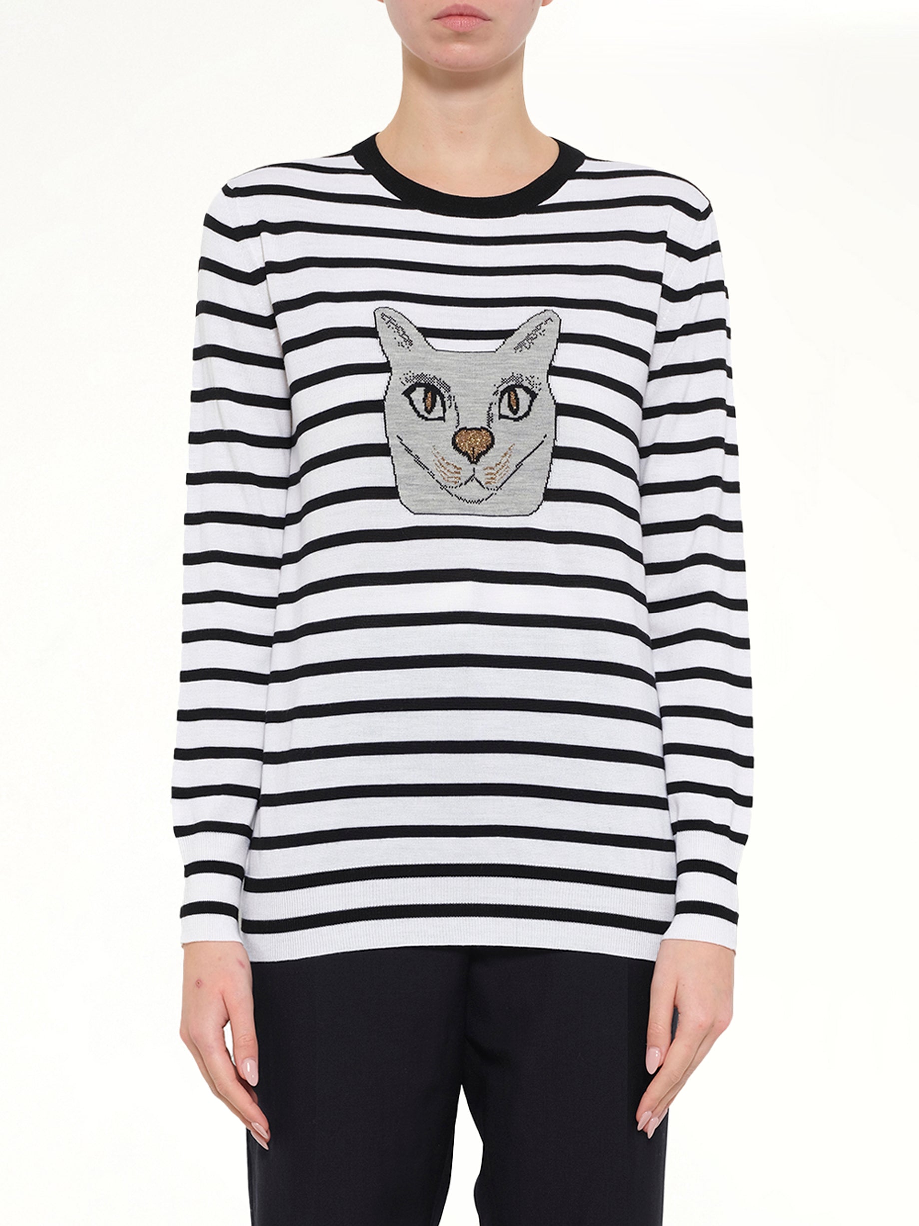 Image of a model wearing Outerwear. Product name - Cat Sweater Stripes in Black colour by brand - LOEWE