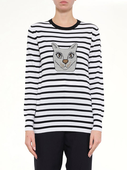 Image of a model wearing Outerwear. Product name - Cat Sweater Stripes in Black colour by brand - LOEWE