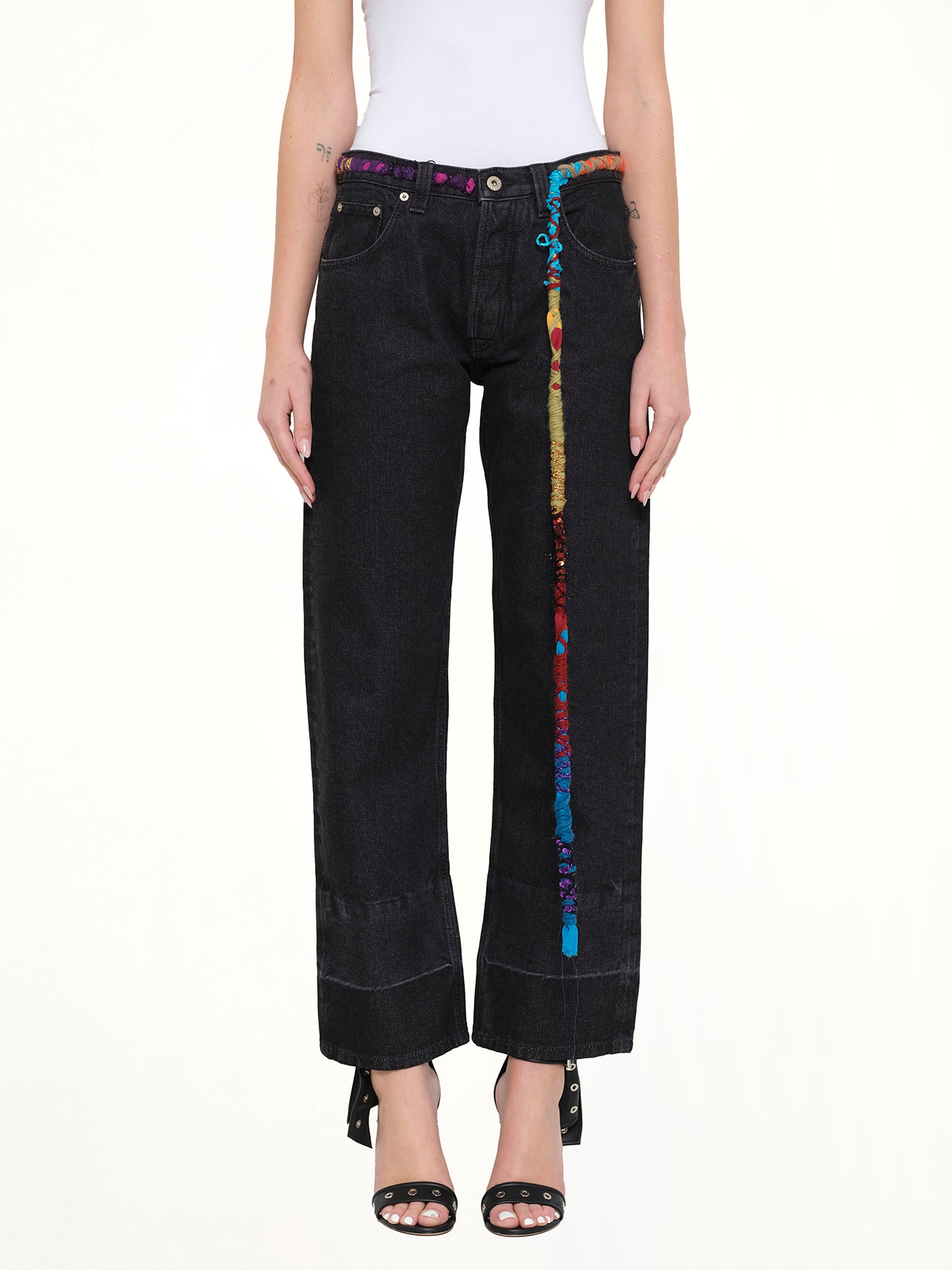 Image of Jeans. Product name - Embroidered Knot 5 Pocket Jeans in Black colour by brand - LOEWE