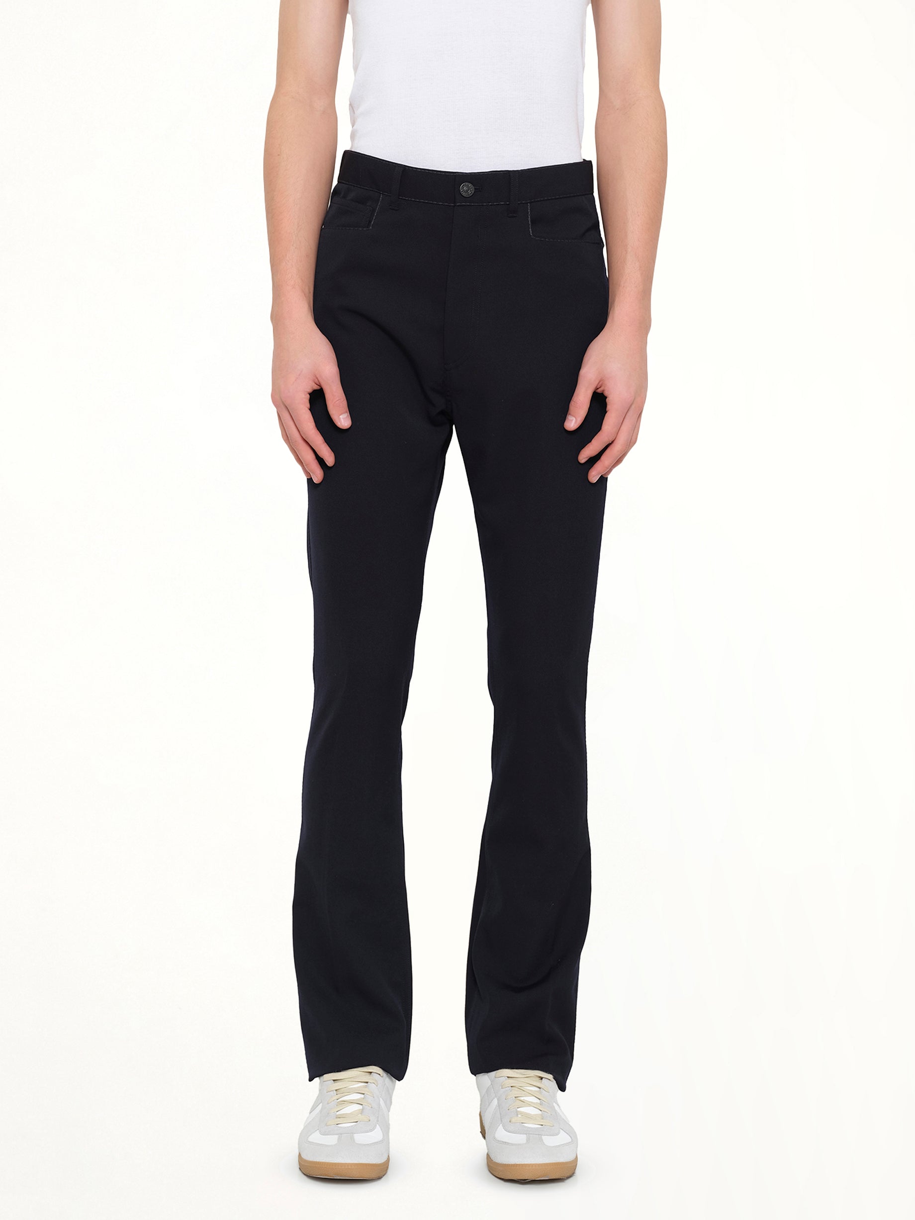 Image of a model wearing Pants. Product name - Fit 5 Pocket Pants in Navy colour by brand - LANVIN