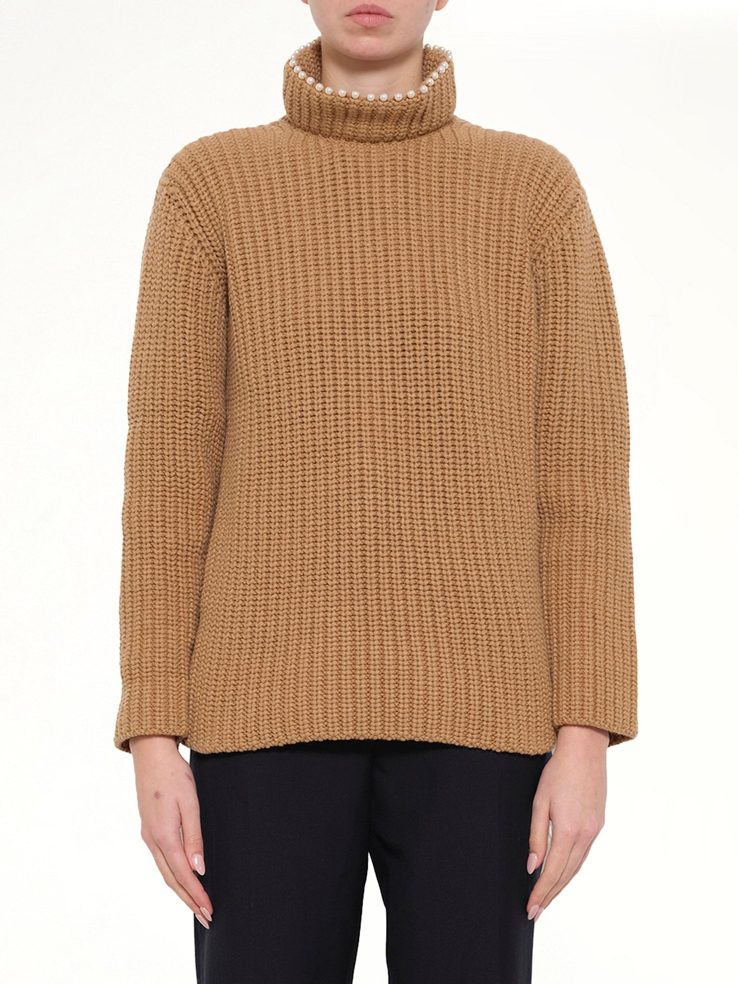 Image of a model wearing Outerwear. Product name - High Pearls Sweater in Camel colour by brand - LOEWE