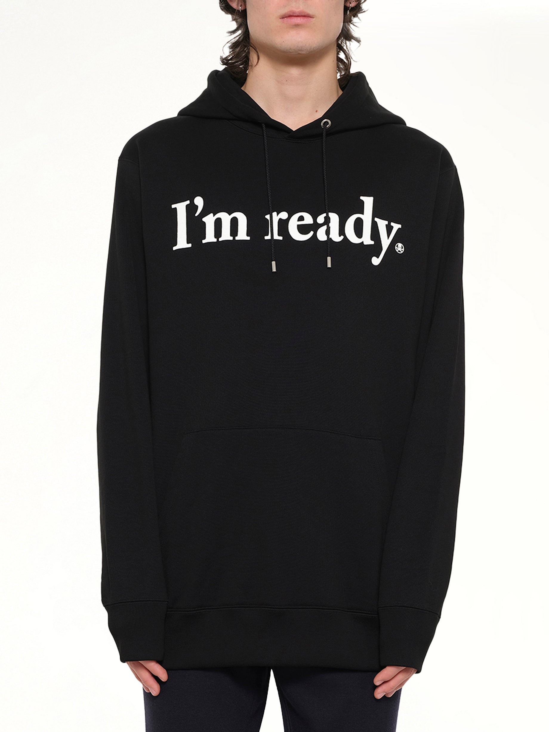 Image of a model wearing Tops. Product name - Mastermind I'm Ready Hoodie in Black colour by brand - MASTERMIND