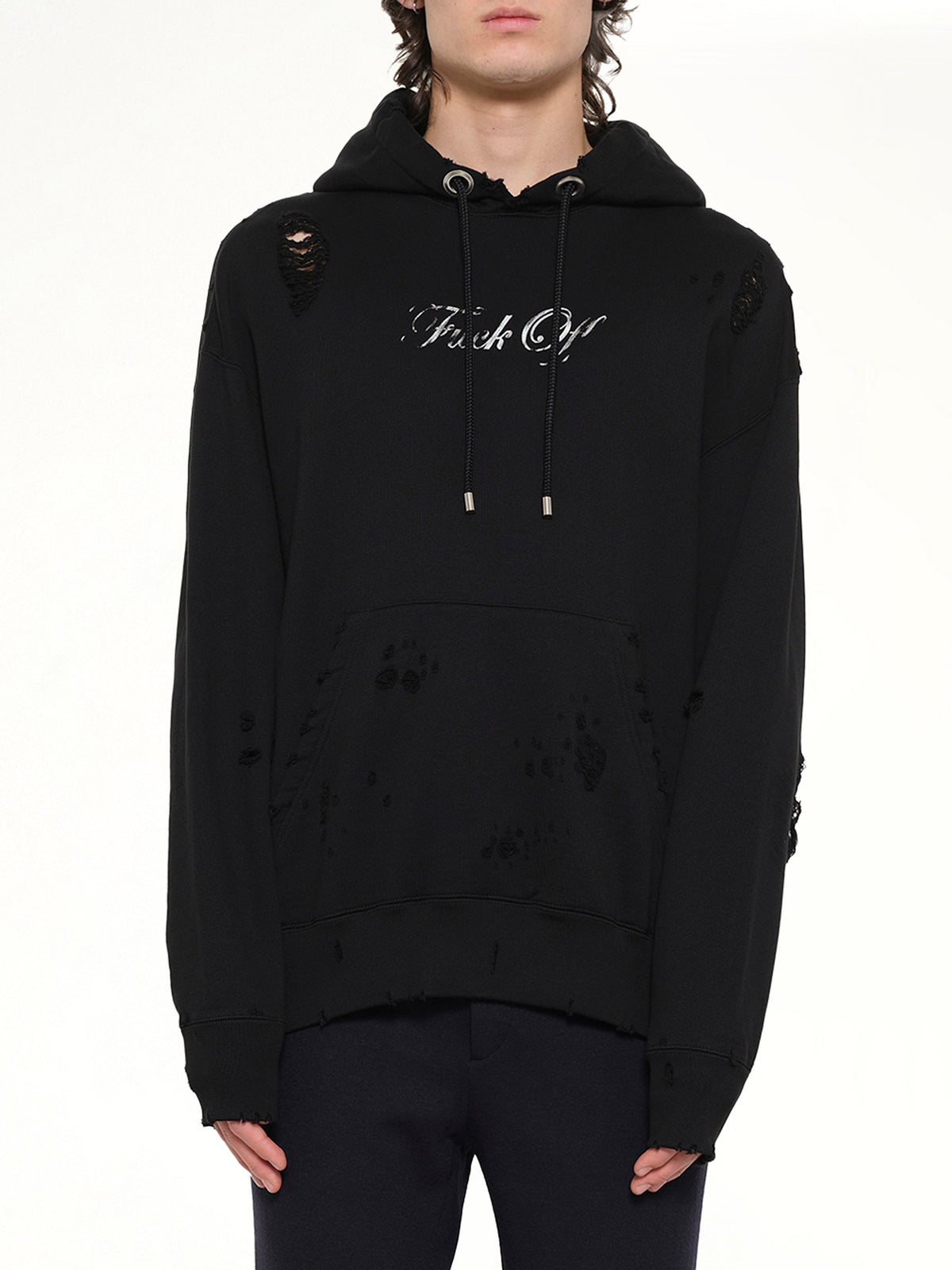Image of a model wearing Outerwear. Product name - Mastermind Sweatshirt in Black colour by brand - MASTERMIND