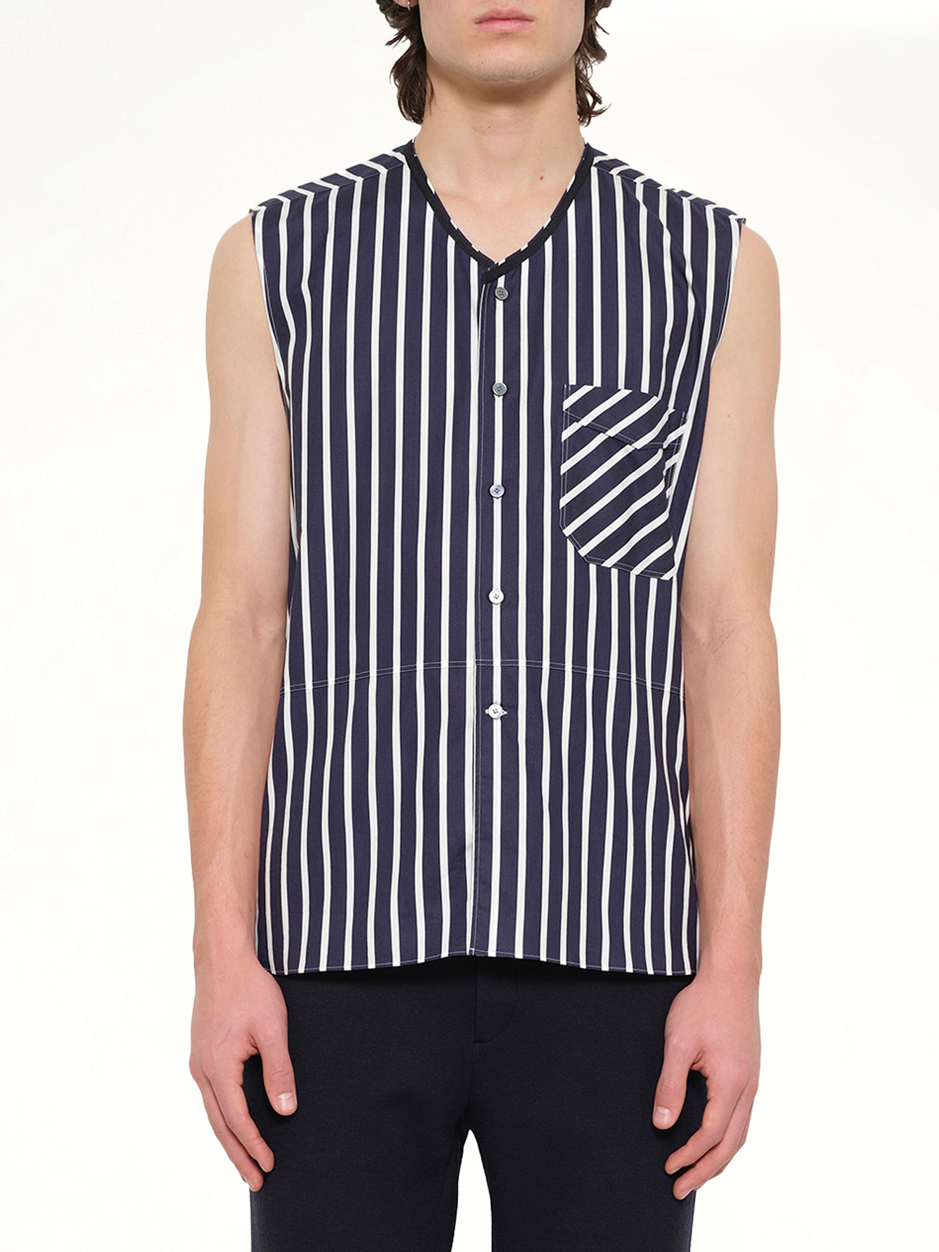 Image of a model wearing Tops. Product name - Ribbon V Neck in Navy colour by brand - LANVIN