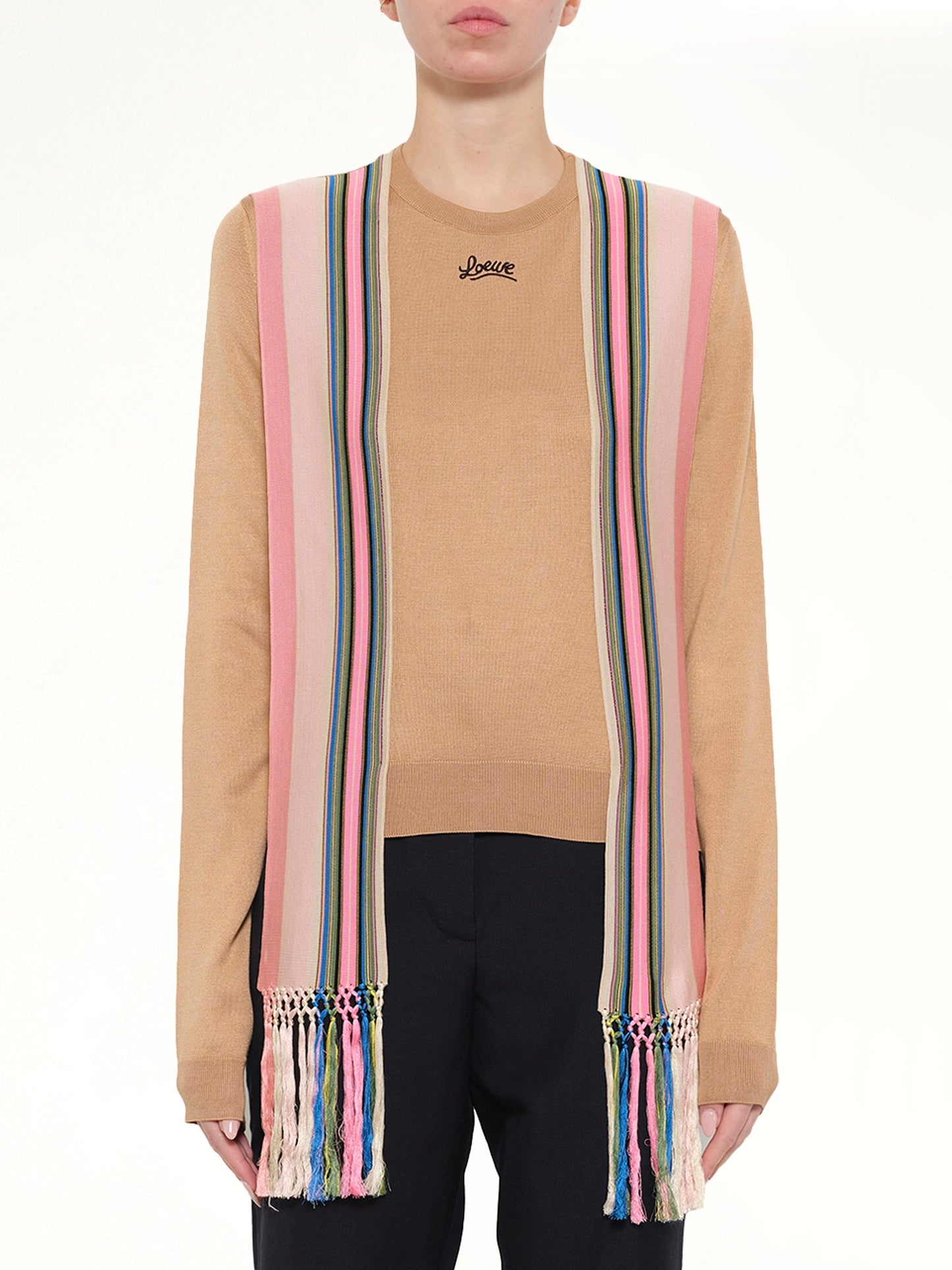 Image of a model wearing Outerwear. Product name - Stripe Bands Sweater in Camel colour by brand - LOEWE