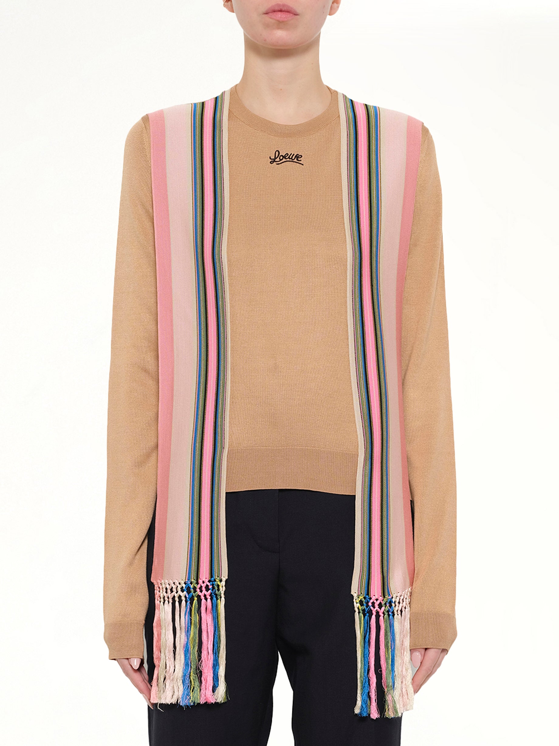 Image of a model wearing Outerwear. Product name - Stripe Bands Sweater in Camel colour by brand - LOEWE