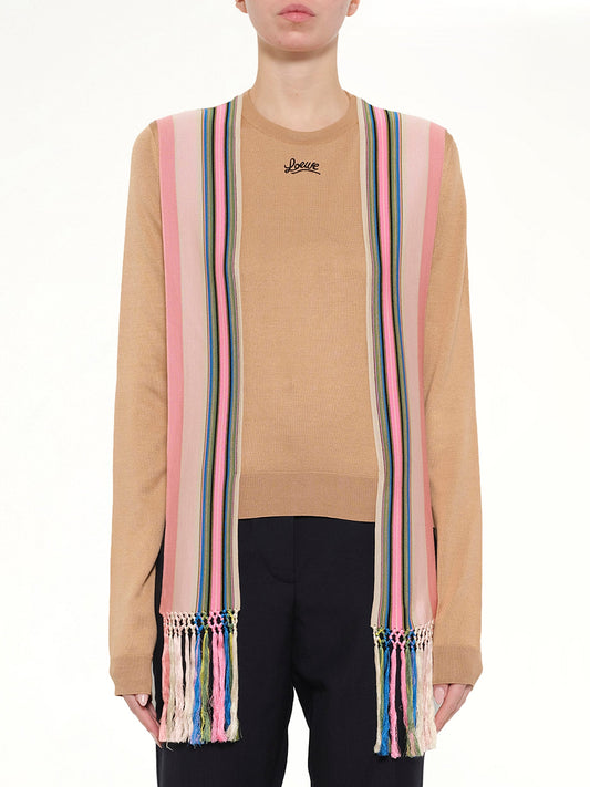 Image of a model wearing Outerwear. Product name - Stripe Bands Sweater in Camel colour by brand - LOEWE