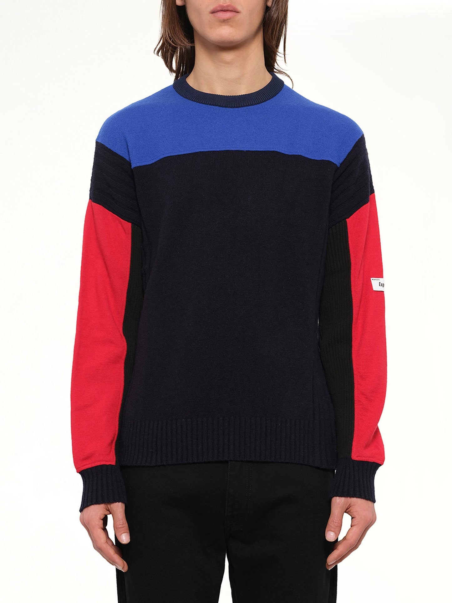 Image of a model wearing Outerwear. Product name - Colorblock Knit in Blue colour by brand - KENZO