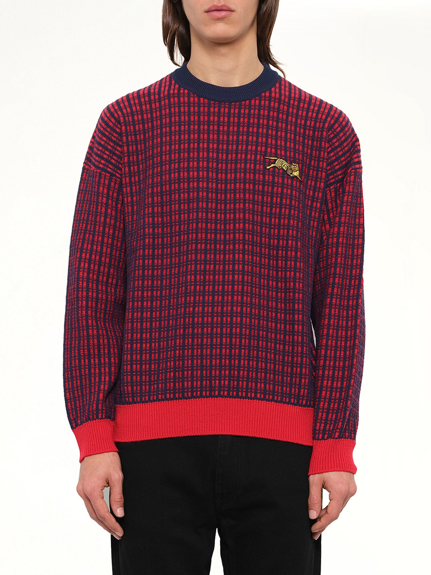 Image of a model wearing Outerwear. Product name - Jumping Tiger Sweatshirt in Red colour by brand - KENZO