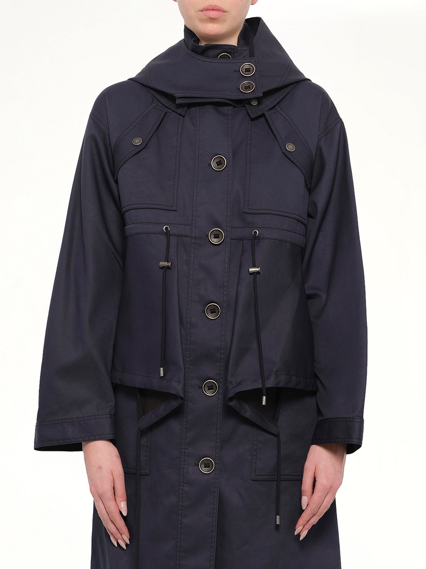 Image of a model wearing Outerwear. Product name - Kenzo Coat in Navy colour by brand - KENZO