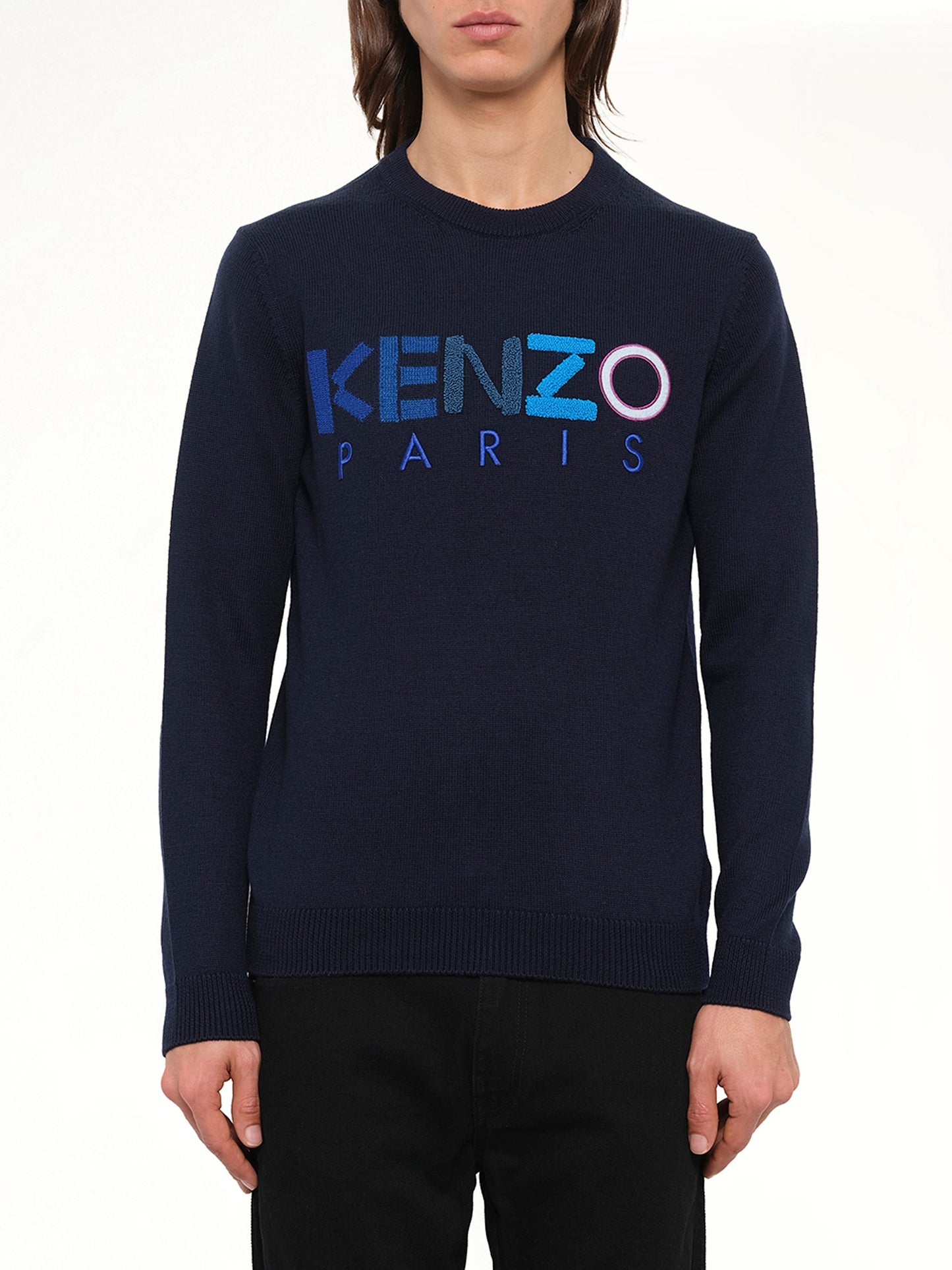 Image of a model wearing Outerwear. Product name - Logo Jumper in Navy colour by brand - KENZO