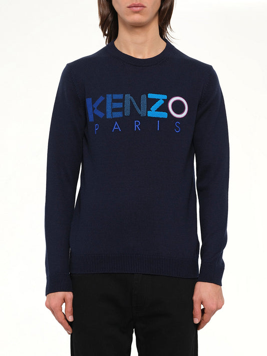 Image of a model wearing Outerwear. Product name - Logo Jumper in Navy colour by brand - KENZO