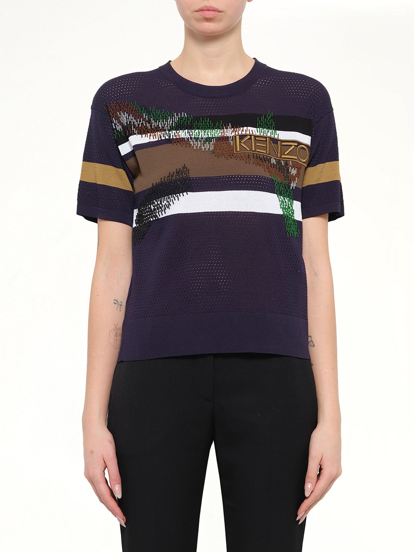 Image of a model wearing Tops. Product name - Long Sleeve Top in Blue colour by brand - KENZO