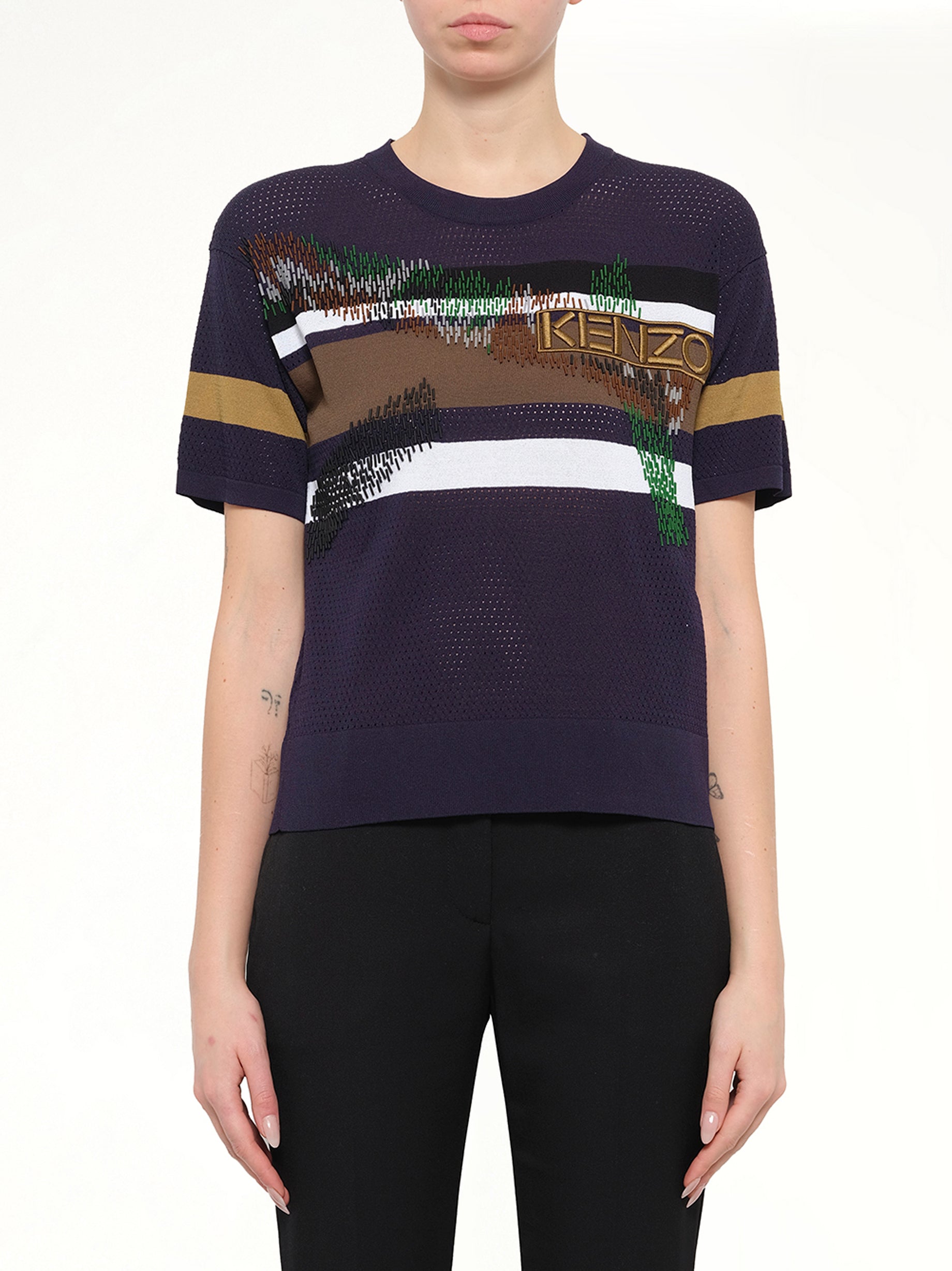 Image of a model wearing Tops. Product name - Long Sleeve Top in Blue colour by brand - KENZO
