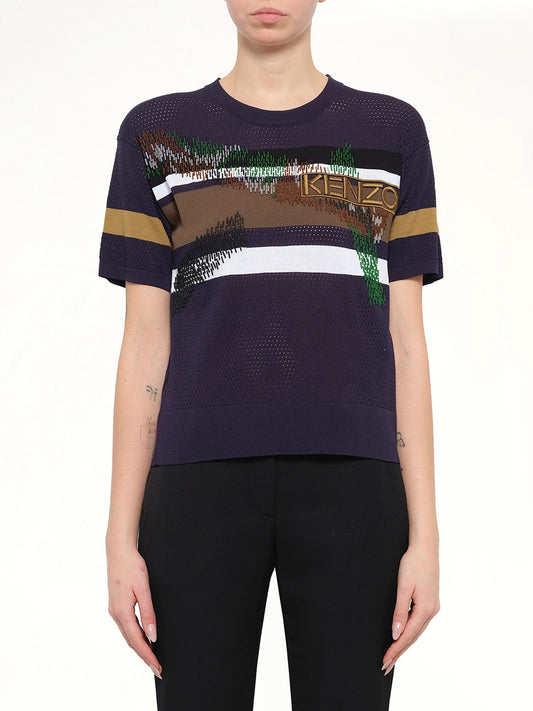 Image of a model wearing Tops. Product name - Long Sleeve Top in Blue colour by brand - KENZO