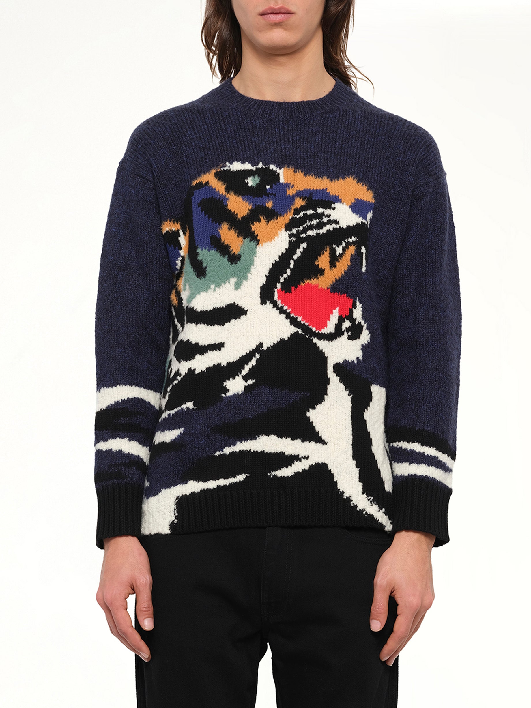 Image of a model wearing Outerwear. Product name - Tiger Head Knit in Blue colour by brand - KENZO