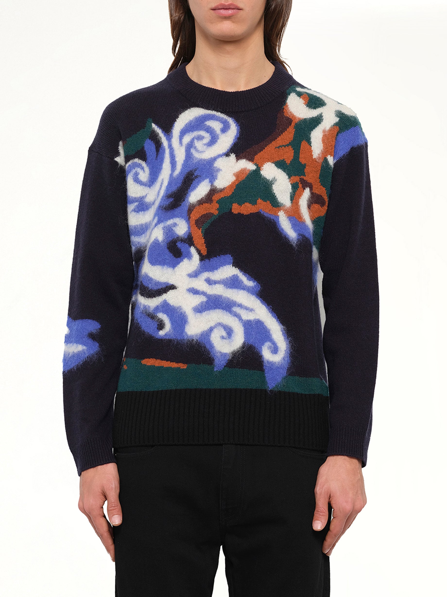 Image of a model wearing Outerwear. Product name - World Mohain Knit in Blue colour by brand - KENZO