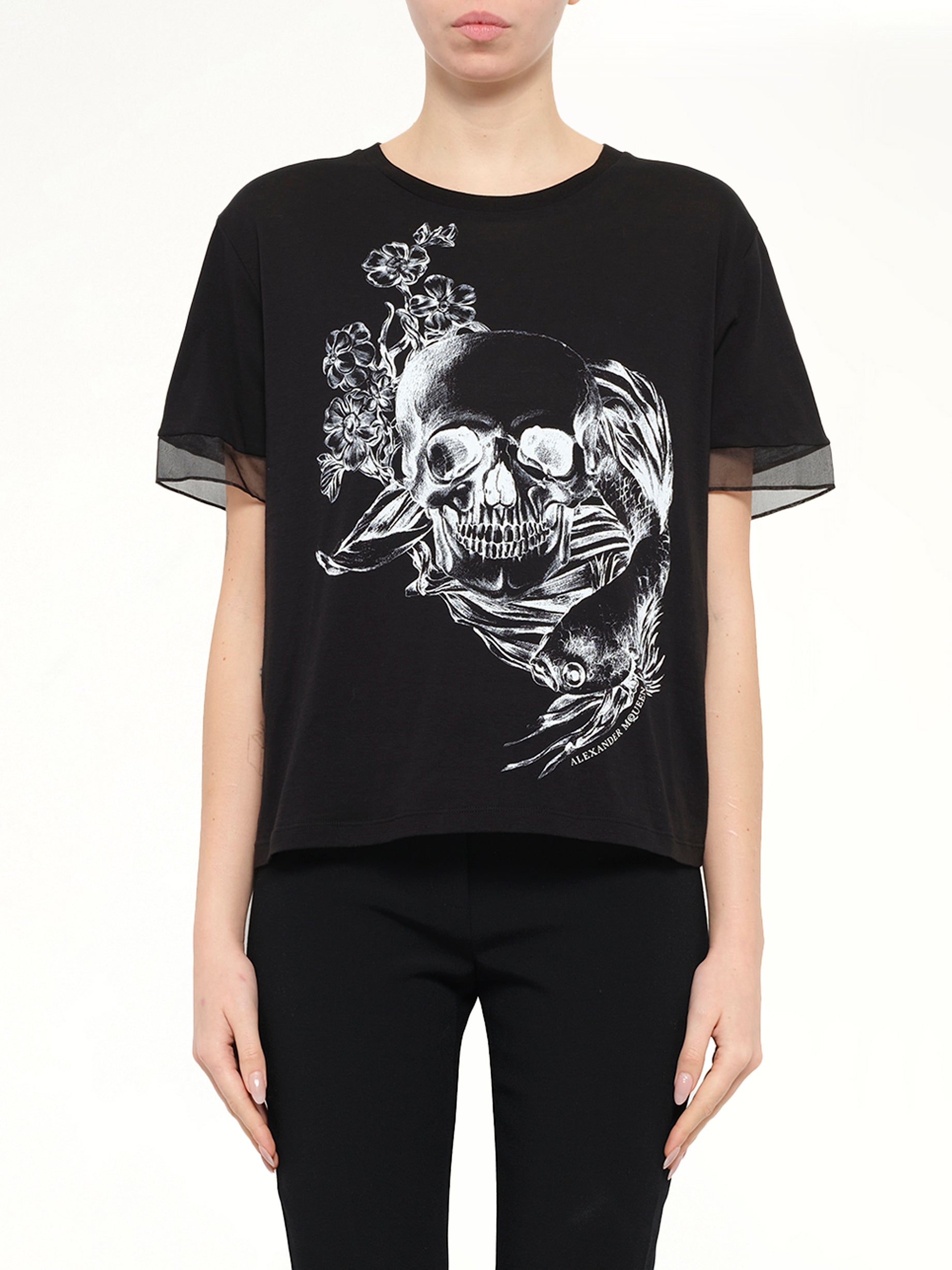 Image of T-Shirts. Product name - Alexander McQueen Fish Skull Tee in Black colour by brand - ALEXANDER MCQUEEN