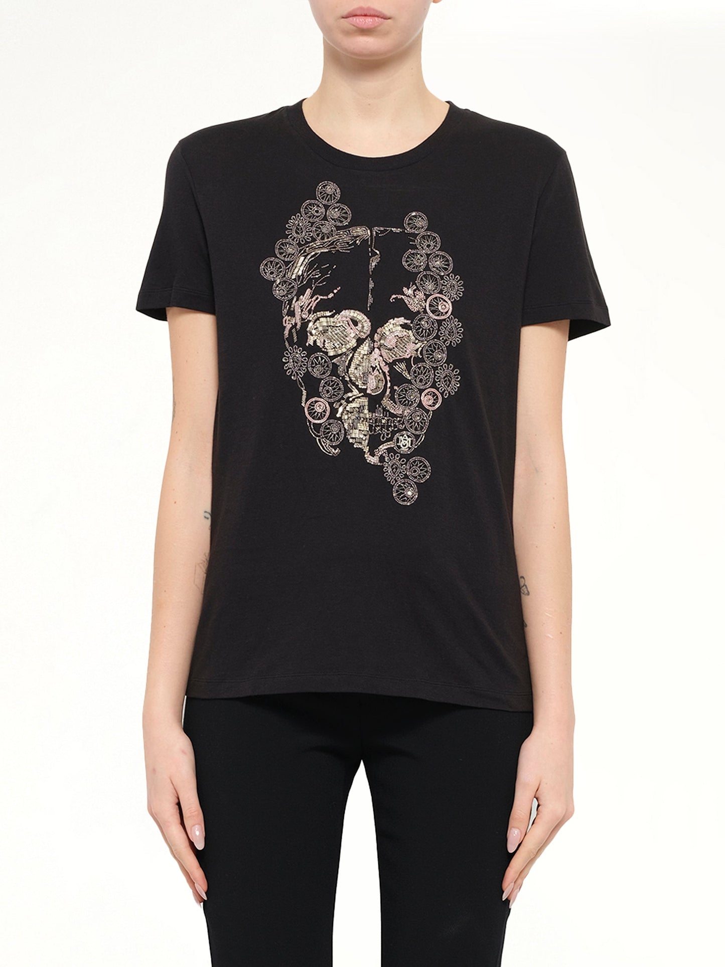 Image of T-Shirts. Product name - Alexander McQueen Jewelled Skull Tees in Black colour by brand - ALEXANDER MCQUEEN