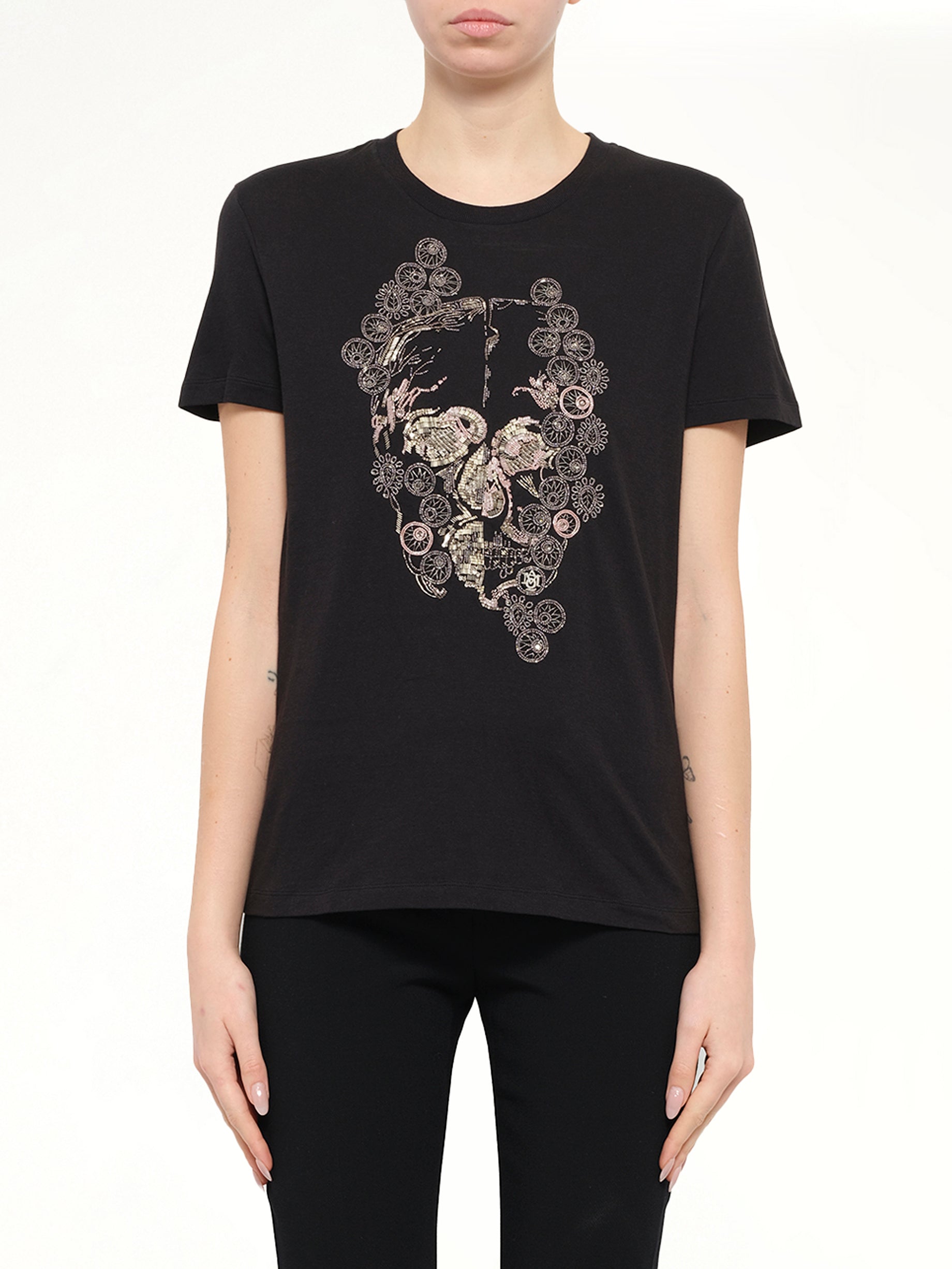 Image of T-Shirts. Product name - Alexander McQueen Jewelled Skull Tees in Black colour by brand - ALEXANDER MCQUEEN
