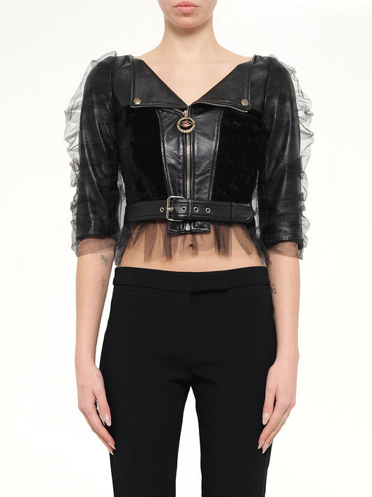 Image of Coats & Jackets. Product name - Leather Jacket with Tulle in 1000 colour by brand - ALEXANDER MCQUEEN