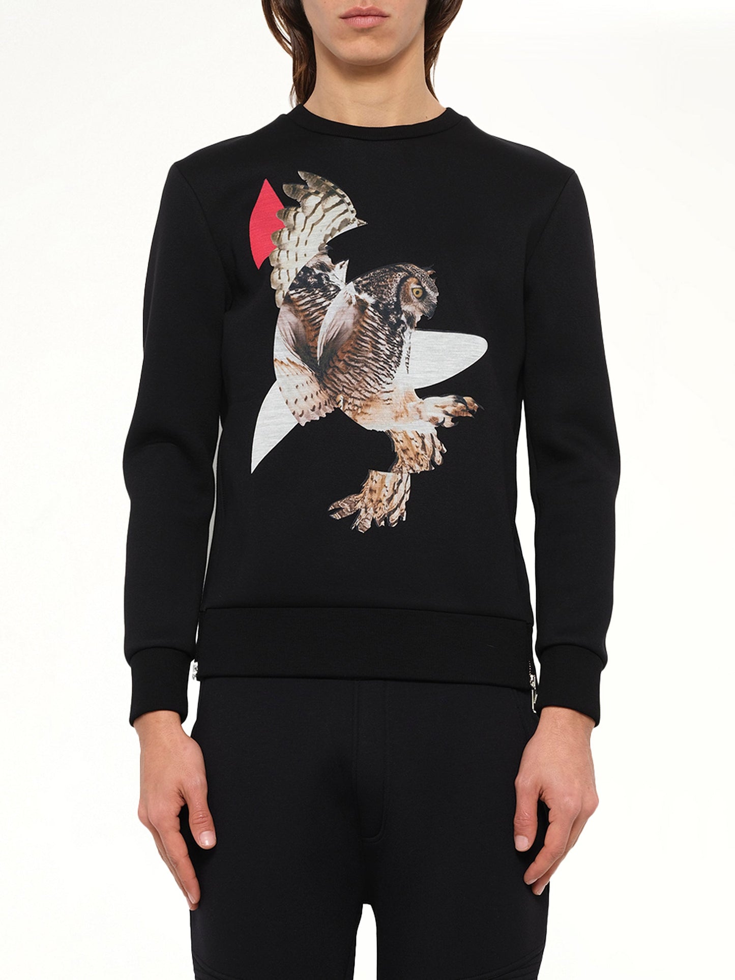 Image of a model wearing Outerwear. Product name - Owl Sweatshirt in Bk/Re/Wh colour by brand - NEIL BARRETT