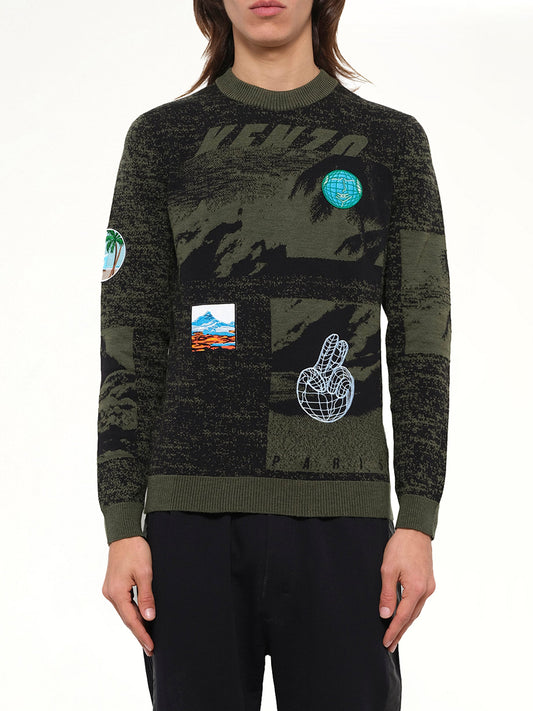 Image of a model wearing Tops. Product name - Badge Crew in Khaki colour by brand - KENZO