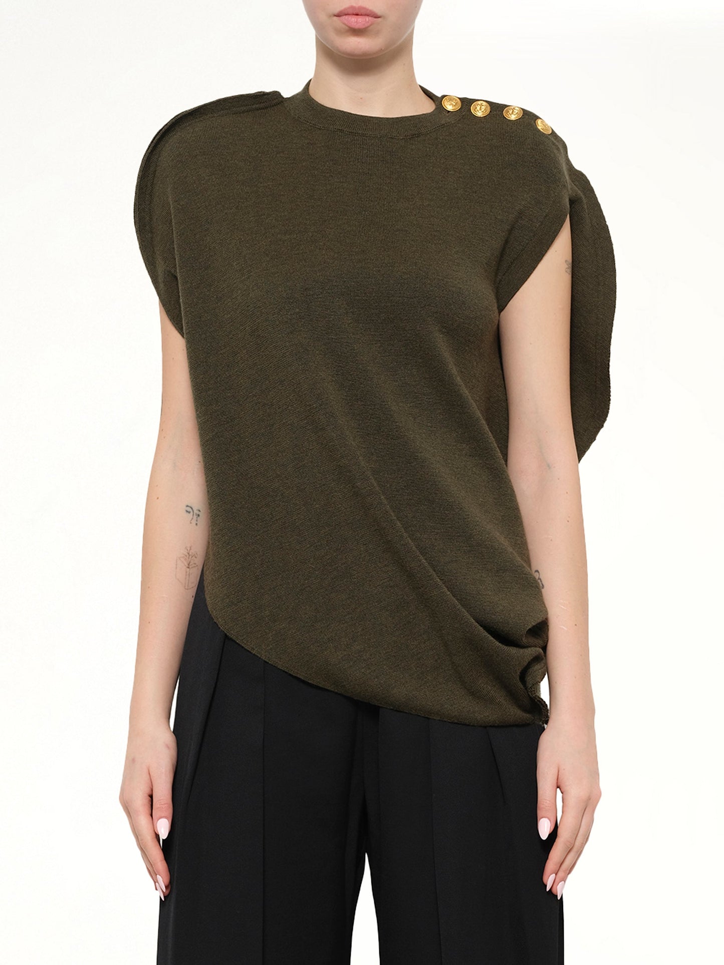 Image of a model wearing Outerwear. Product name - Circle Knit Top in Khaki colour by brand - JWA