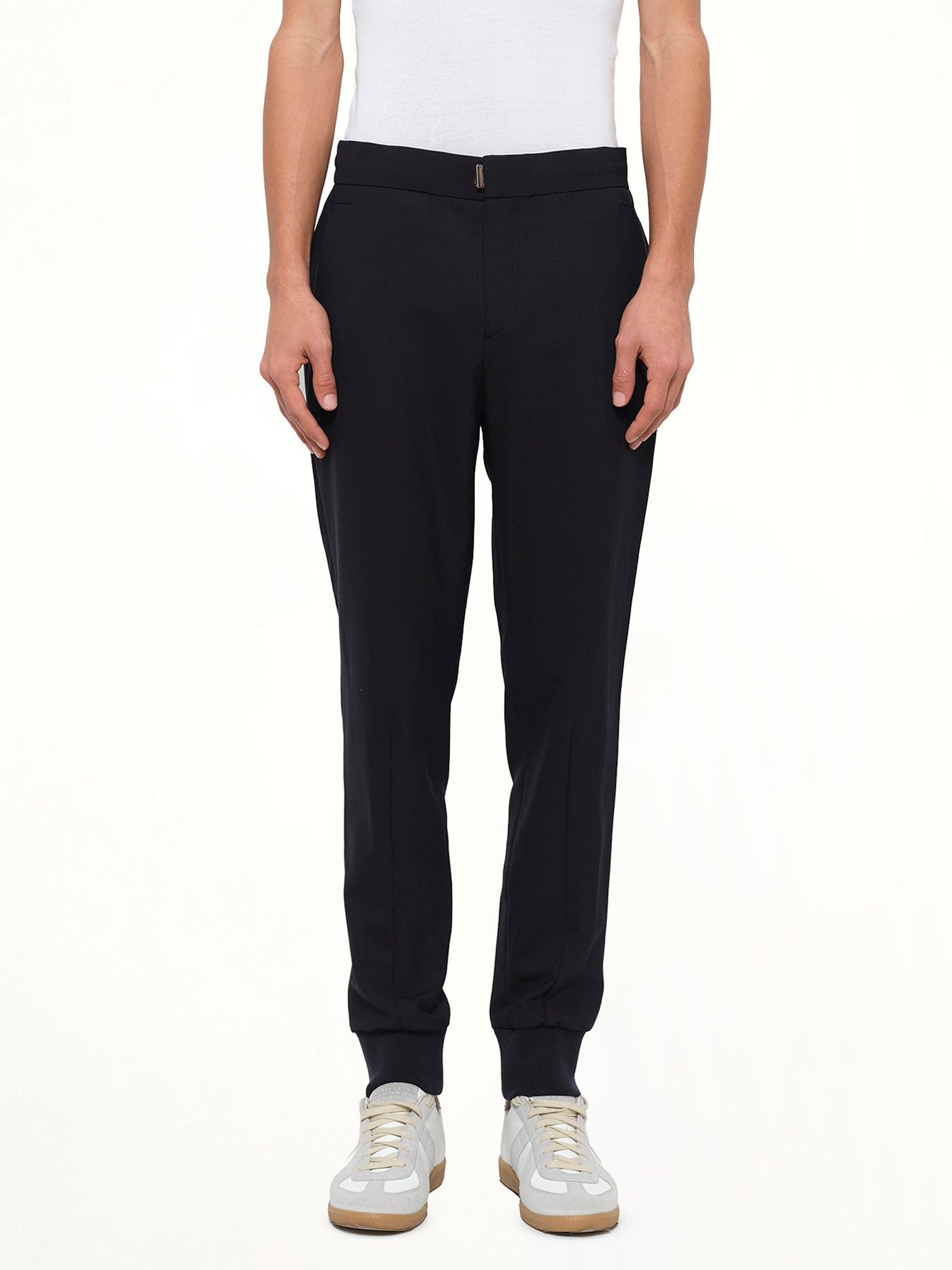 Image of a model wearing Pants. Product name - Classic Pants in Navy colour by brand - WOOYOUNGMI