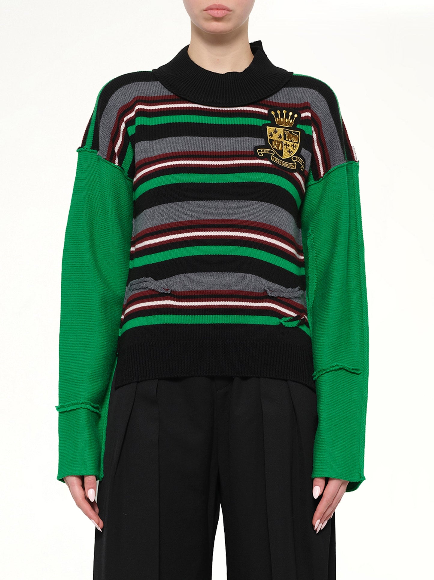 Image of a model wearing Outerwear. Product name - Stripe Knit in Green colour by brand - JWA